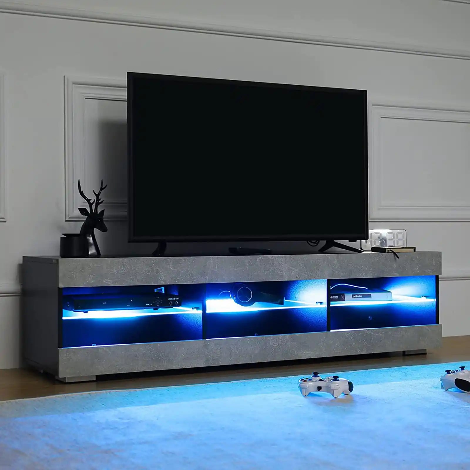 Soporte para TV LED con luces LED para TV de 65 pulgadas, centro de entretenimiento moderno con almacenamiento