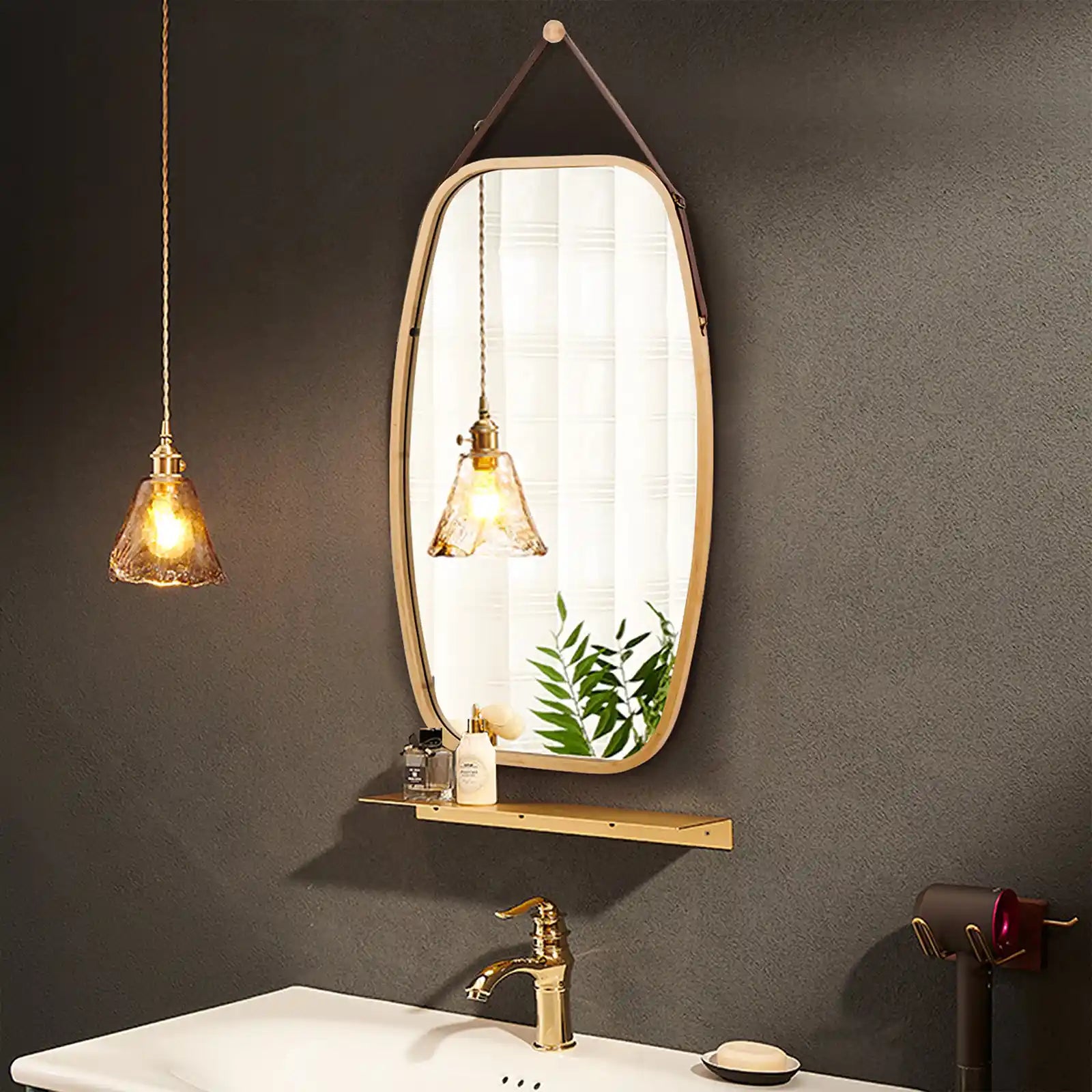 Modern Rectangle Wall Hanging Framed Mirror with Faux Leather Strap Bathroom