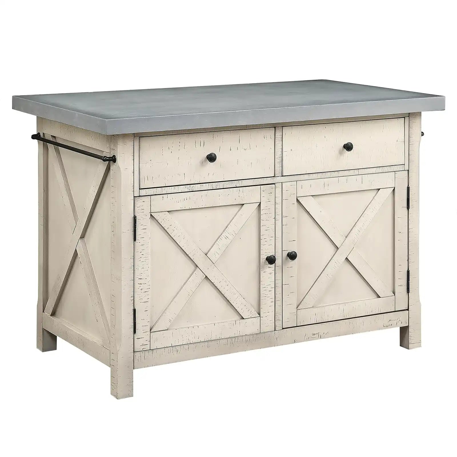 Kitchen Island with Cement like Grey Top and 2 Stools