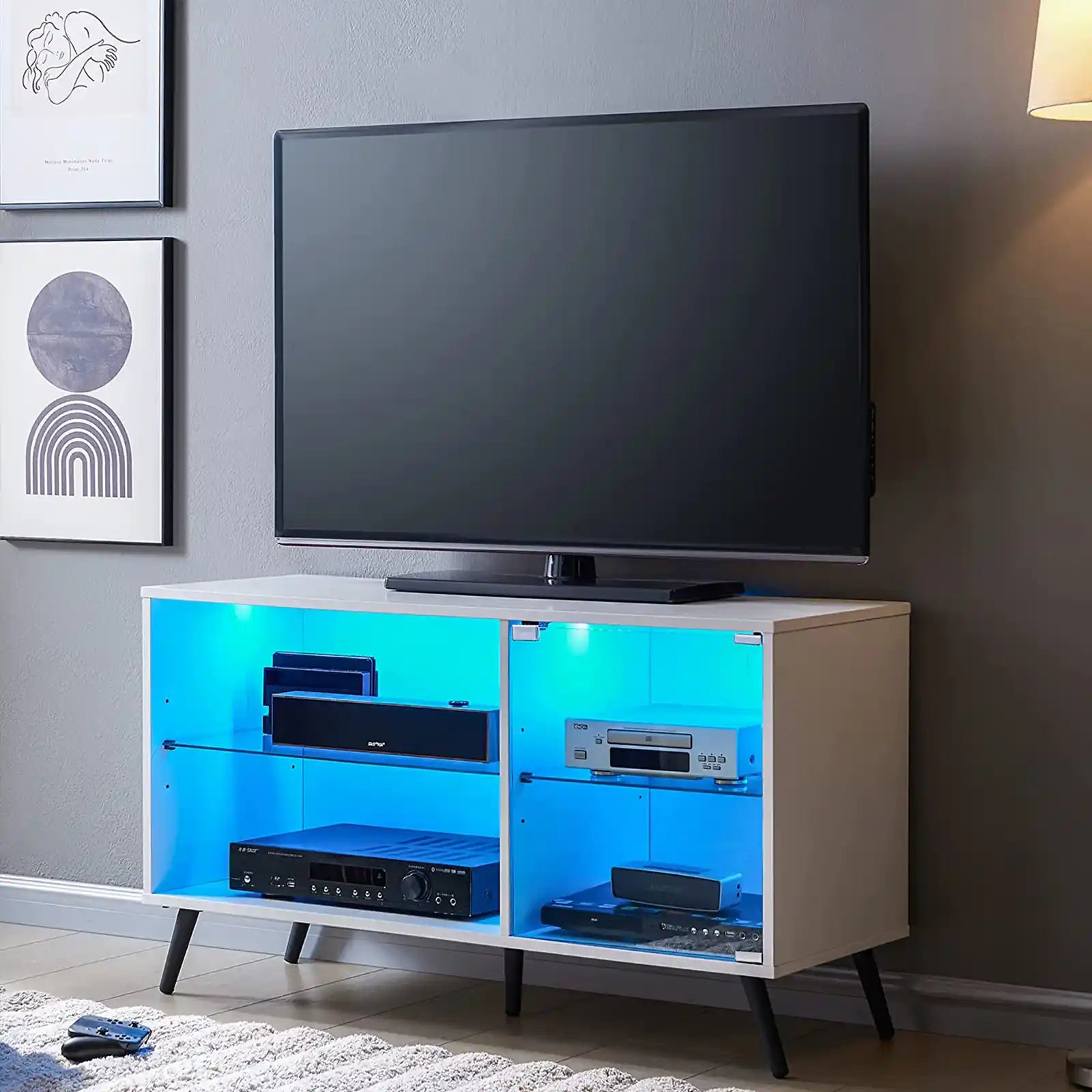 Soporte de TV moderno para TV de 75 pulgadas con luces LED, soportes de televisión para consola multimedia de centro de entretenimiento para juegos