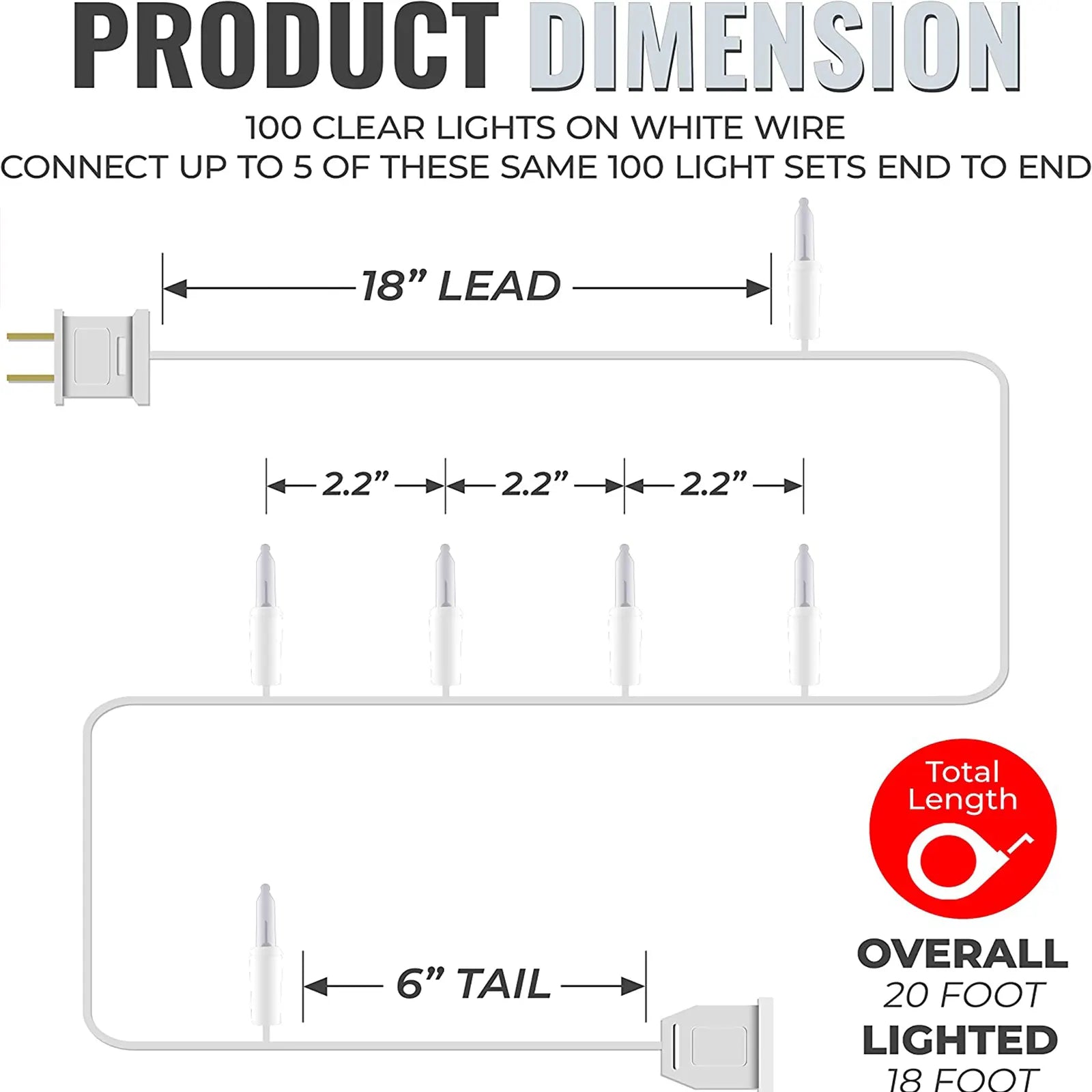 100 Clear Christmas Lights on White Wire, UL Approved