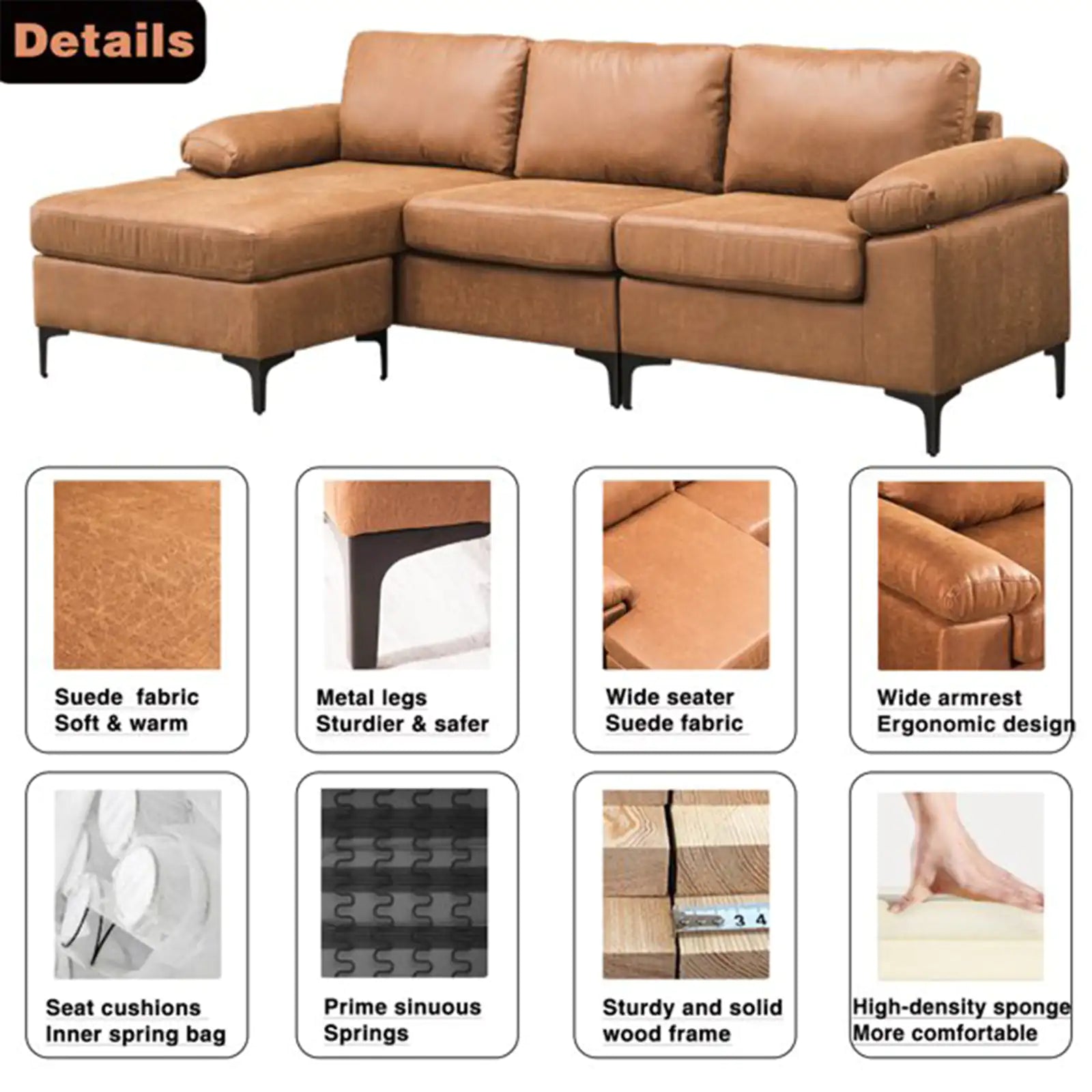 Convertible Sectional Sofa with Suede Fabric