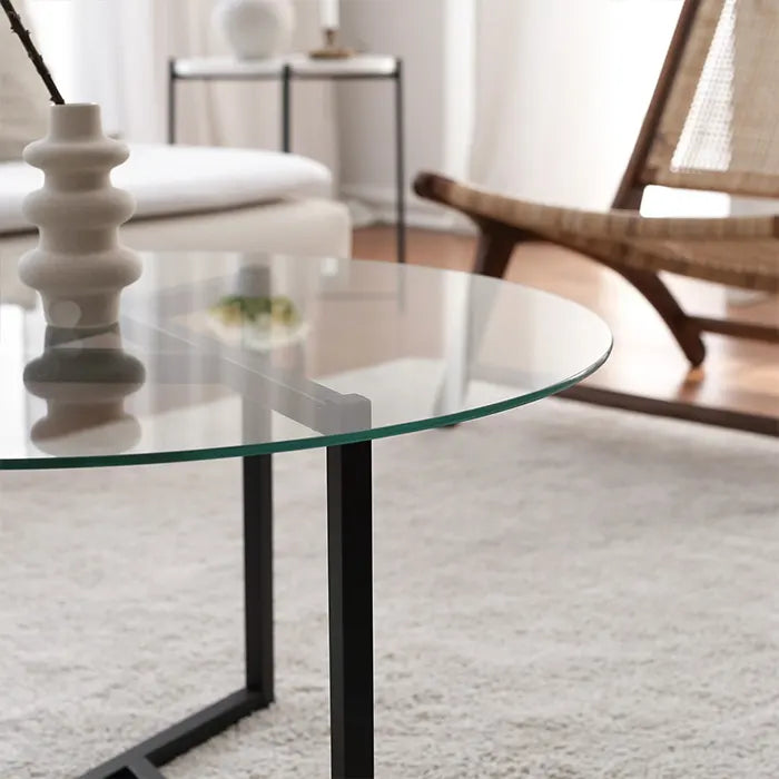 Round Glass Coffee Table with Black Metal Legs , Modern and Unique Center Table for Living Room , Large Smoked Glass Top with Low Steel Base