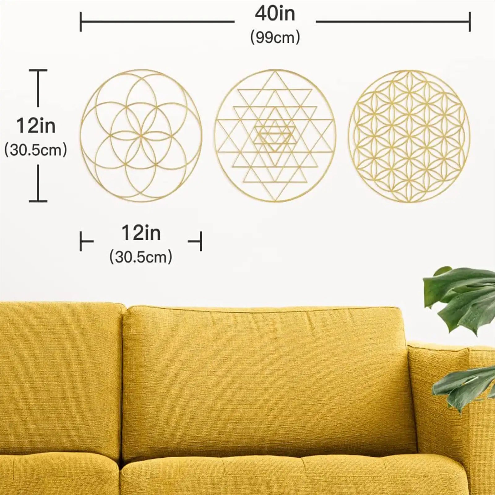 Arte de pared de metal geométrico, decoración moderna abstracta Torus Sri Yantra flor de la vida para colgar en la pared, decoración de pared redonda de metal dorado para yoga, decoración de meditación para el hogar, juego de 3 