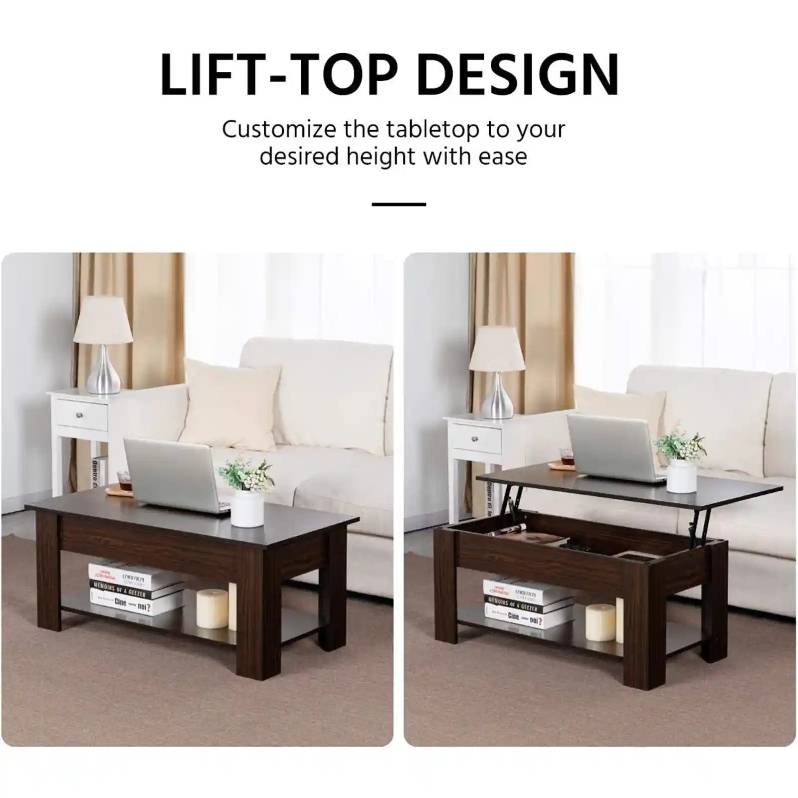 Lift Top Coffee Table with Hidden Compartment and Storage Shelf