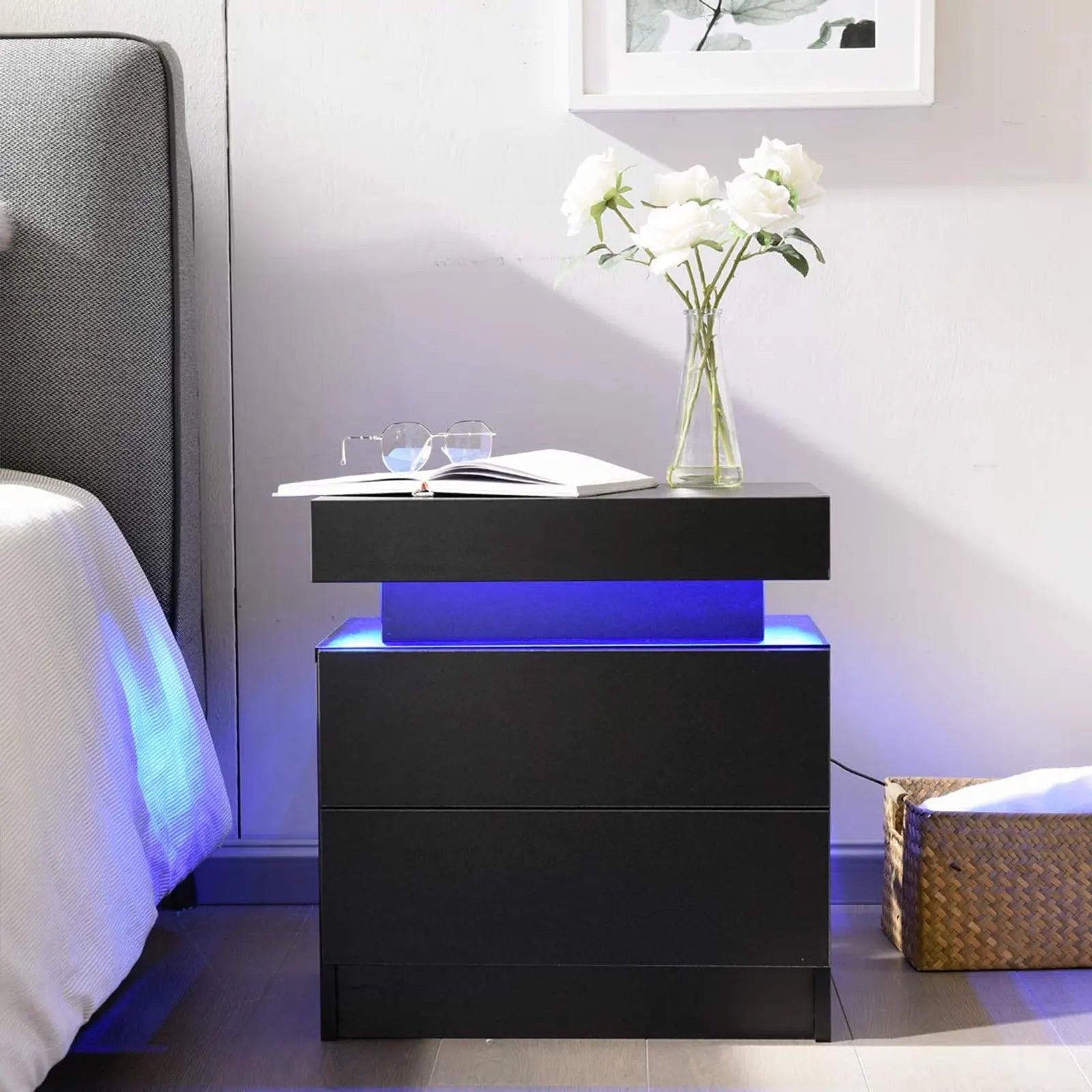 Mesita de noche con 2 cajones, mesita de noche LED, mueble de madera con luces LED 