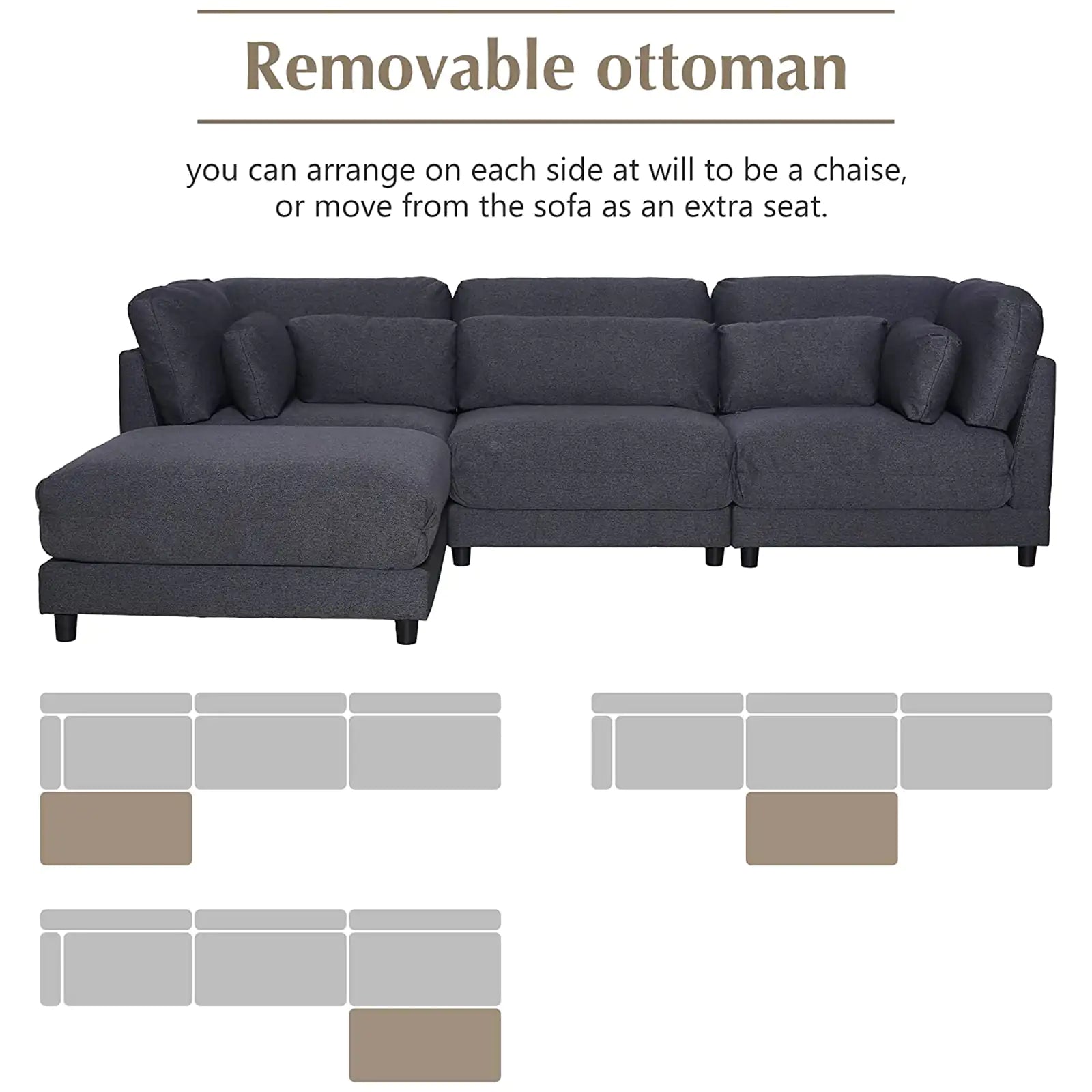 Upholstered Sectional Sofa Sets with Removable Ottomans and Waist Pillows