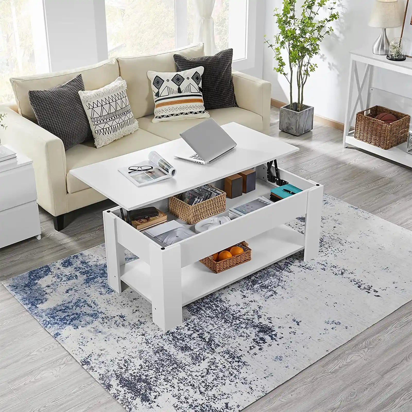 Lift Top Coffee Table with Hidden Compartment and Storage Shelf