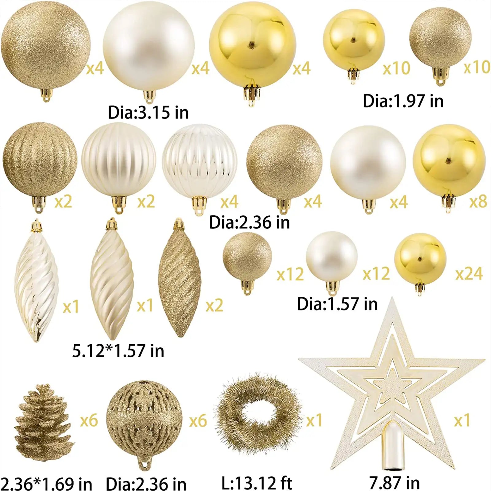 Juego de adornos de bolas para árbol de Navidad de 119 ct, formas variadas