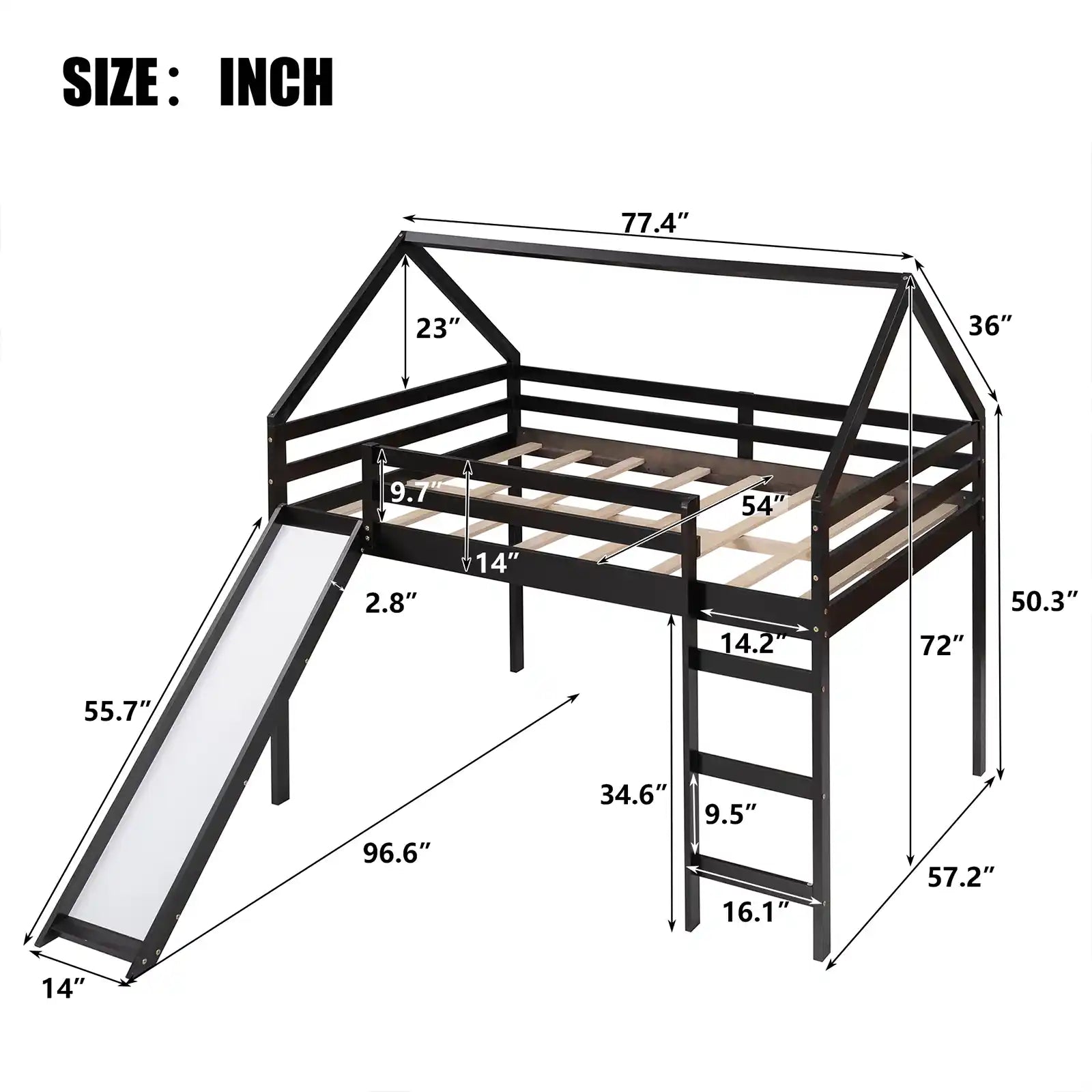 Cama alta de madera maciza con escalera y barandilla 