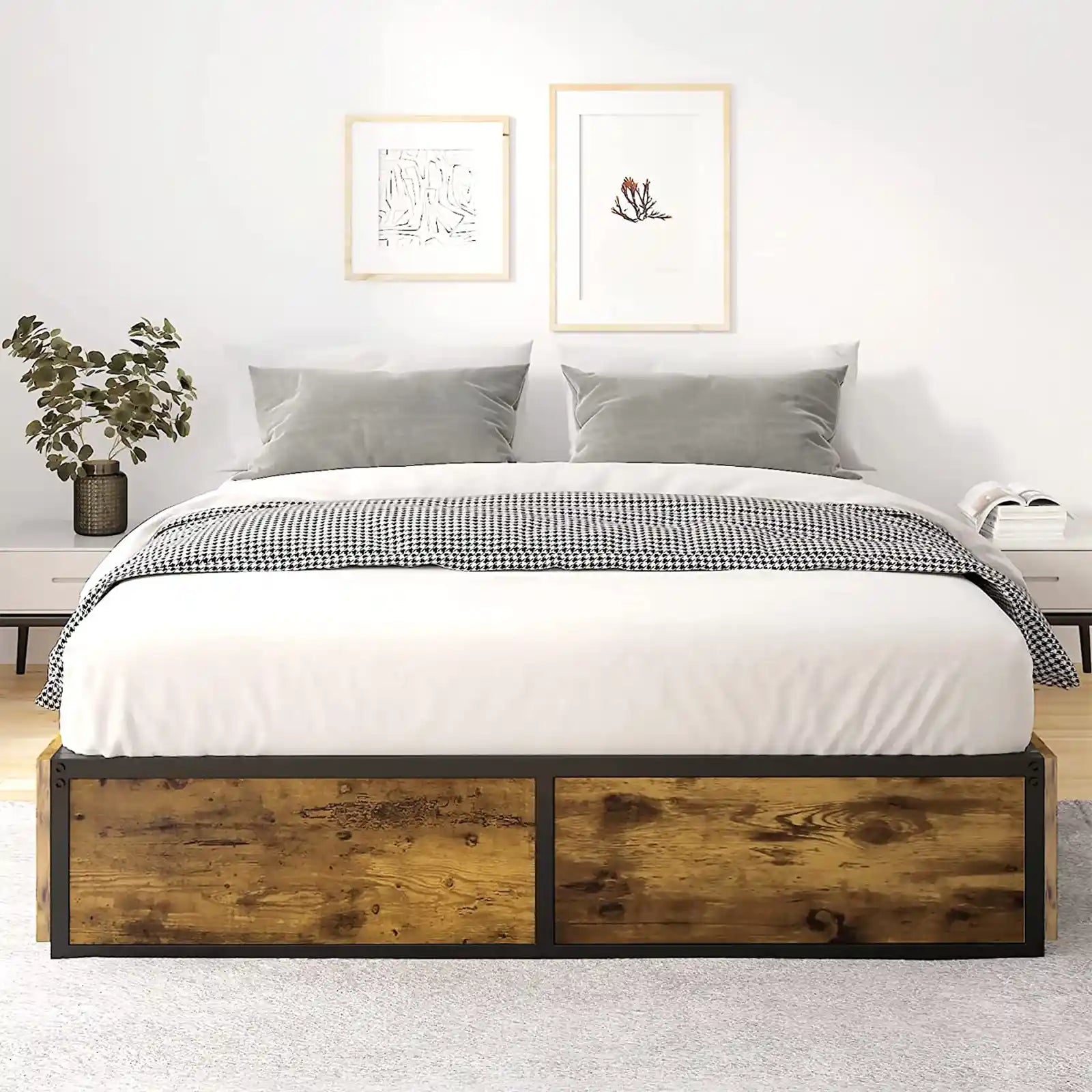 Industrial Metal Platform Bed Frame with 4 XL Storage Drawers and Casters