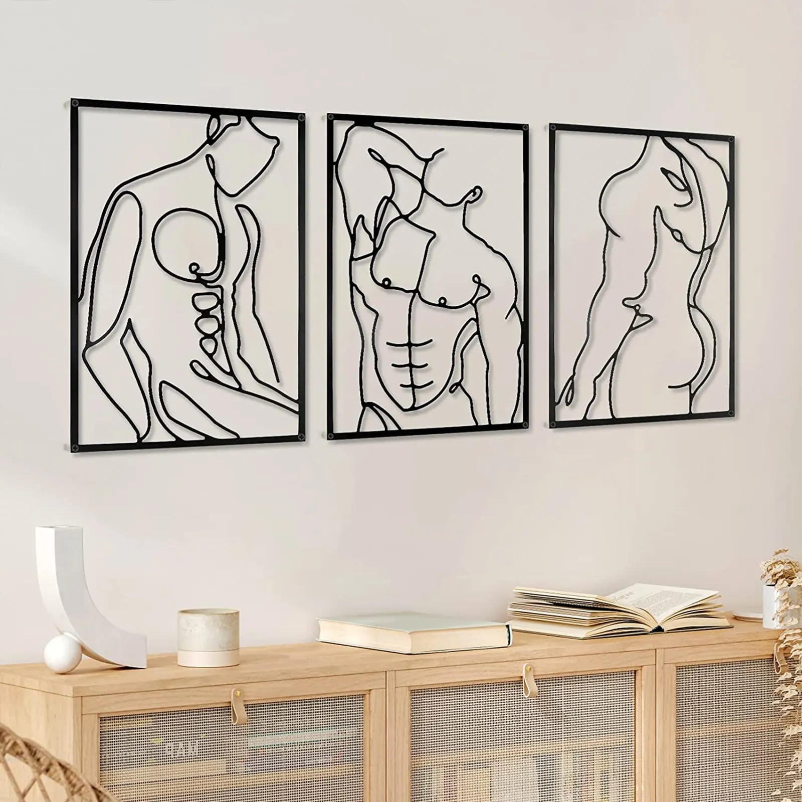 3 Metal Wall Decor Set - Thicker Modern Minimalist Abstract Men Shape Line Wall Hanging Sculptures -Black Metal Wall Art for  Living Room