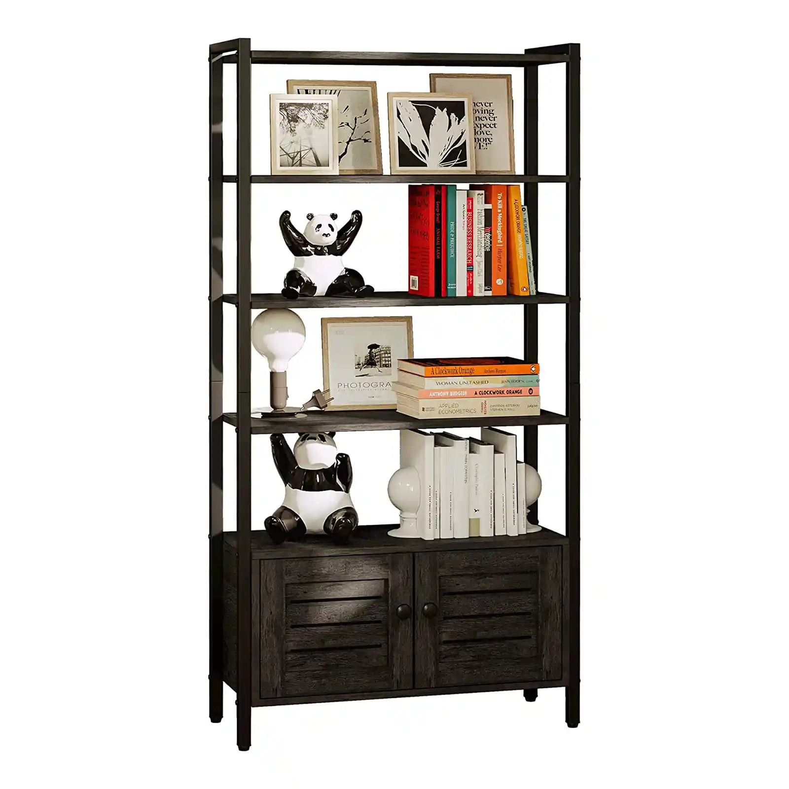 Industrial Bookshelf and Bookcase with 2 Louvered Doors and Shelves