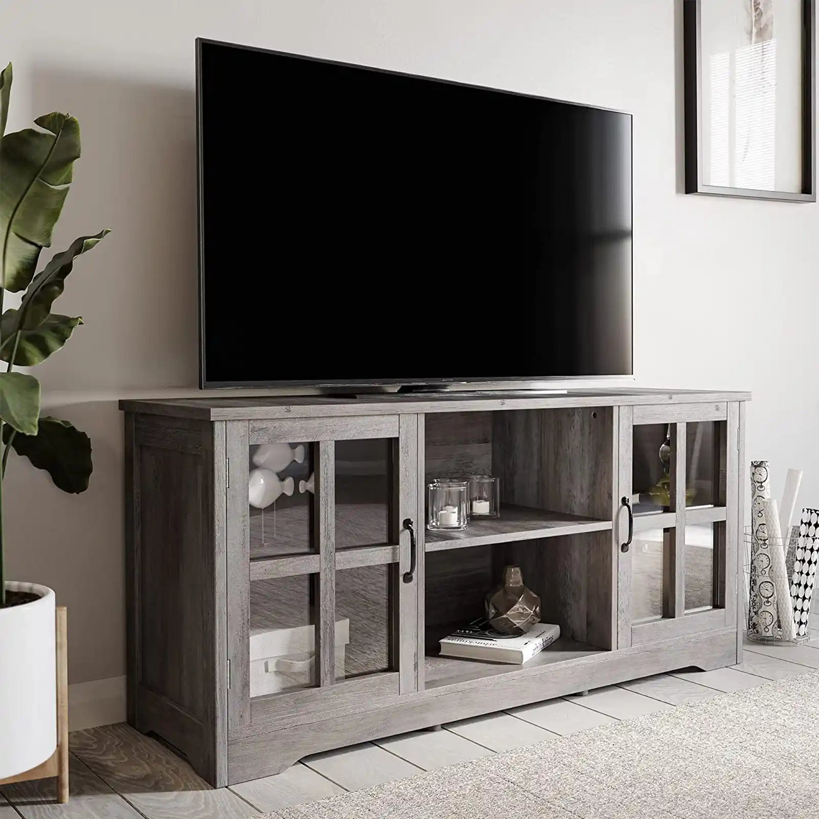 Moderno soporte para TV tradicional de 52 pulgadas y mesa consola central de entretenimiento multimedia para televisores de hasta 60 pulgadas
