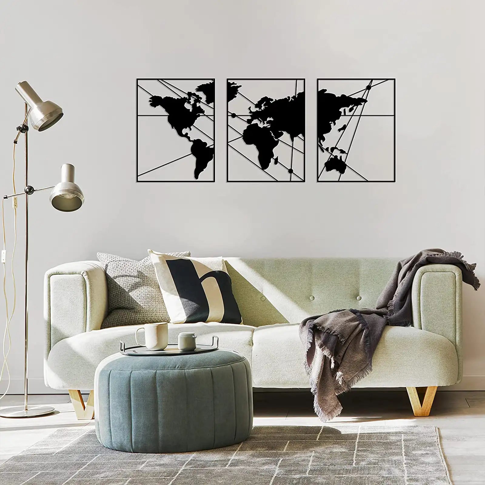 Black Map - Juego de 3 arte moderno de pared de metal, 100% metal, decoración de pared metálica, colgante de pared para sala de estar, dormitorio, dormitorio, esculturas de pared del hogar (mapa negro, pequeño) 