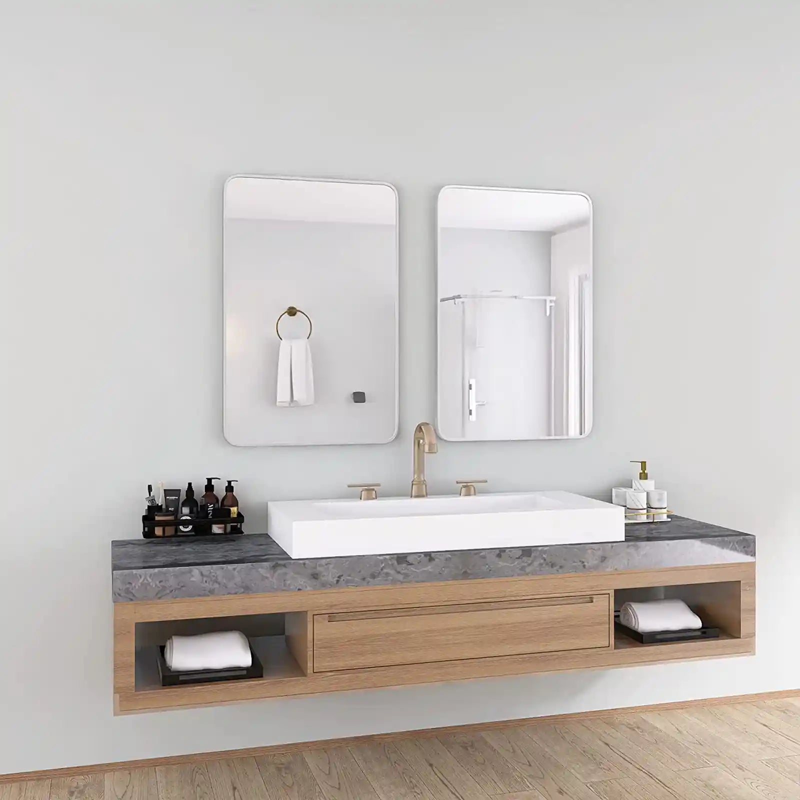 Espejo de baño de borde redondo, espejo de baño rectangular de 20.0 x 30.0 in para pared, espejo de tocador de baño montado en la pared negro para sala de estar, dormitorio, entrada 