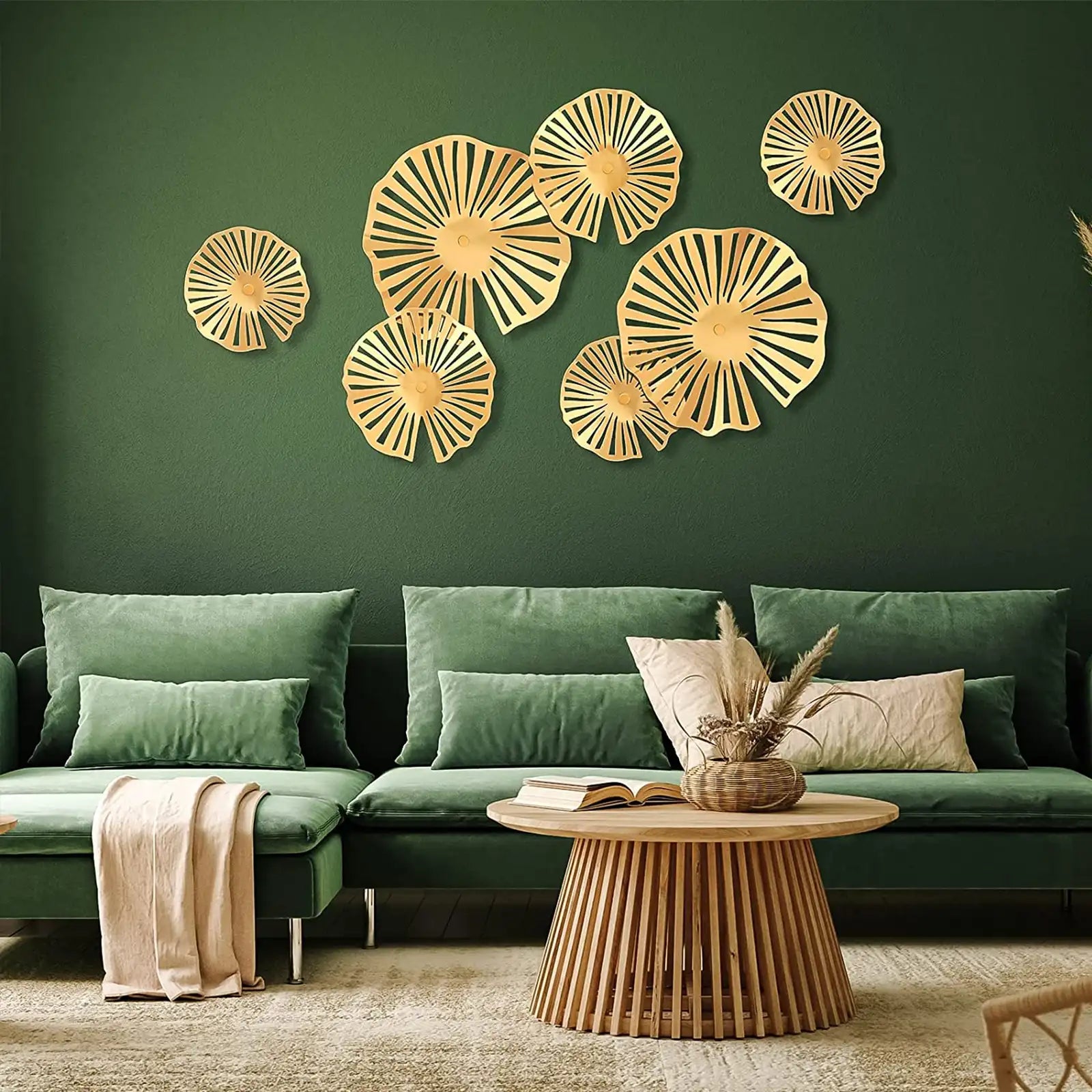 7 Pieces Gold Metal Wall Art Decor 3D Lotus Leaves Floating Wall Sculptures Modern for Living Room Bedroom Hotel Home Decorations, 3 Sizes