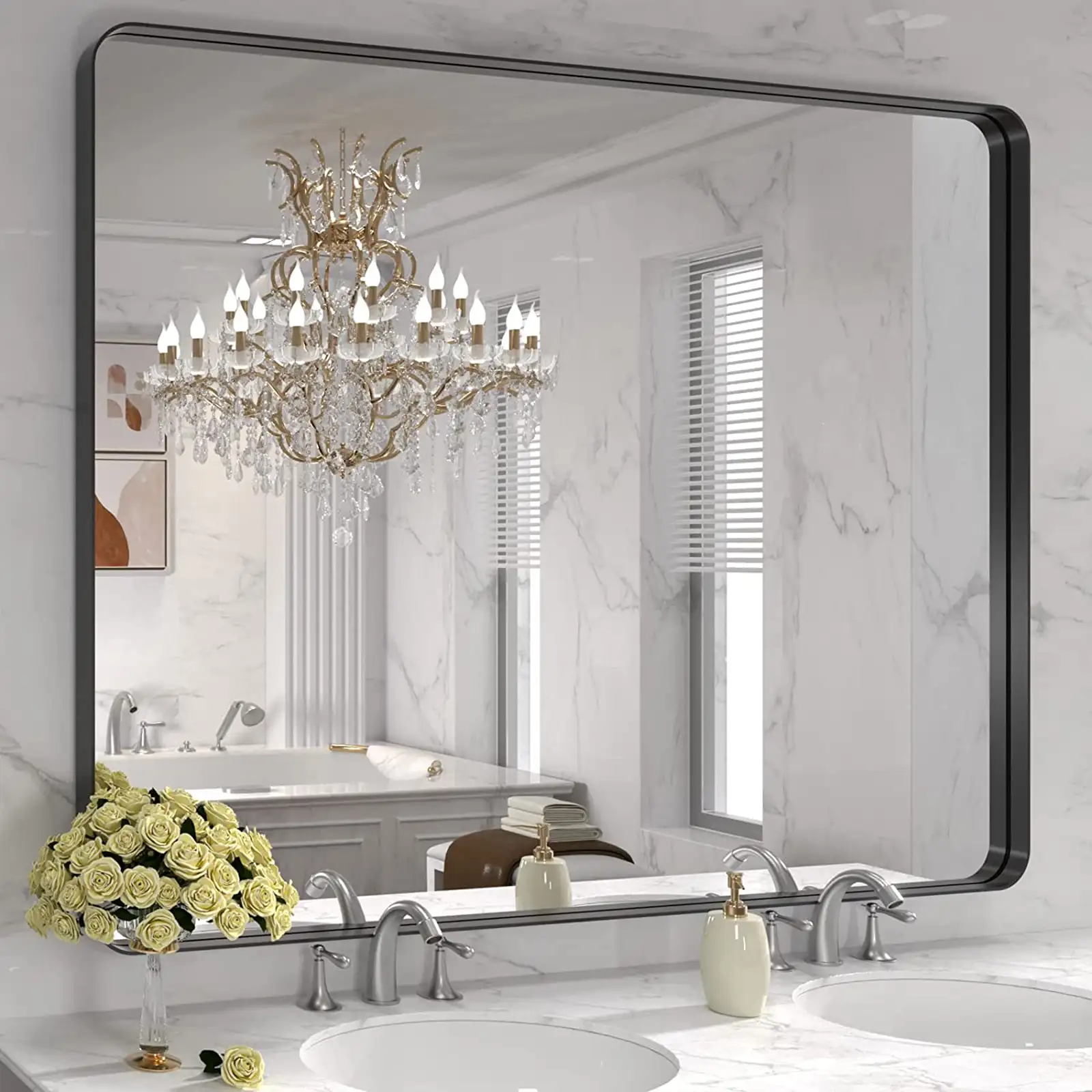 Espejo de baño con marco de metal negro para pared, espejo de tocador de baño negro mate, espejo rectangular redondeado grande, antioxidante, inastillable, se cuelga horizontal o verticalmente 