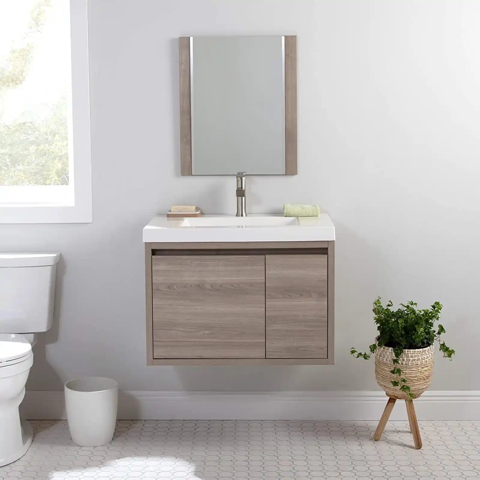 Tocador de baño de madera con lavabo 