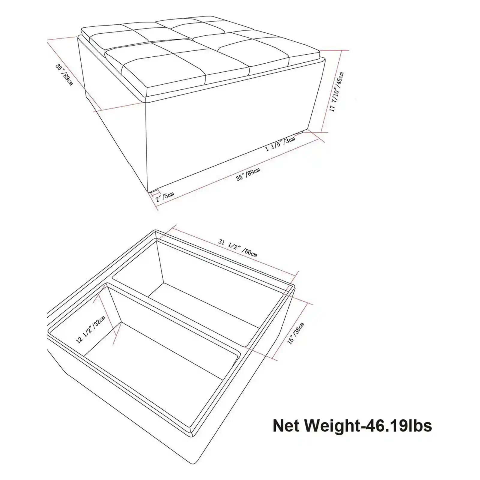 Mesa de centro otomana cuadrada tapizada con tapa elevable