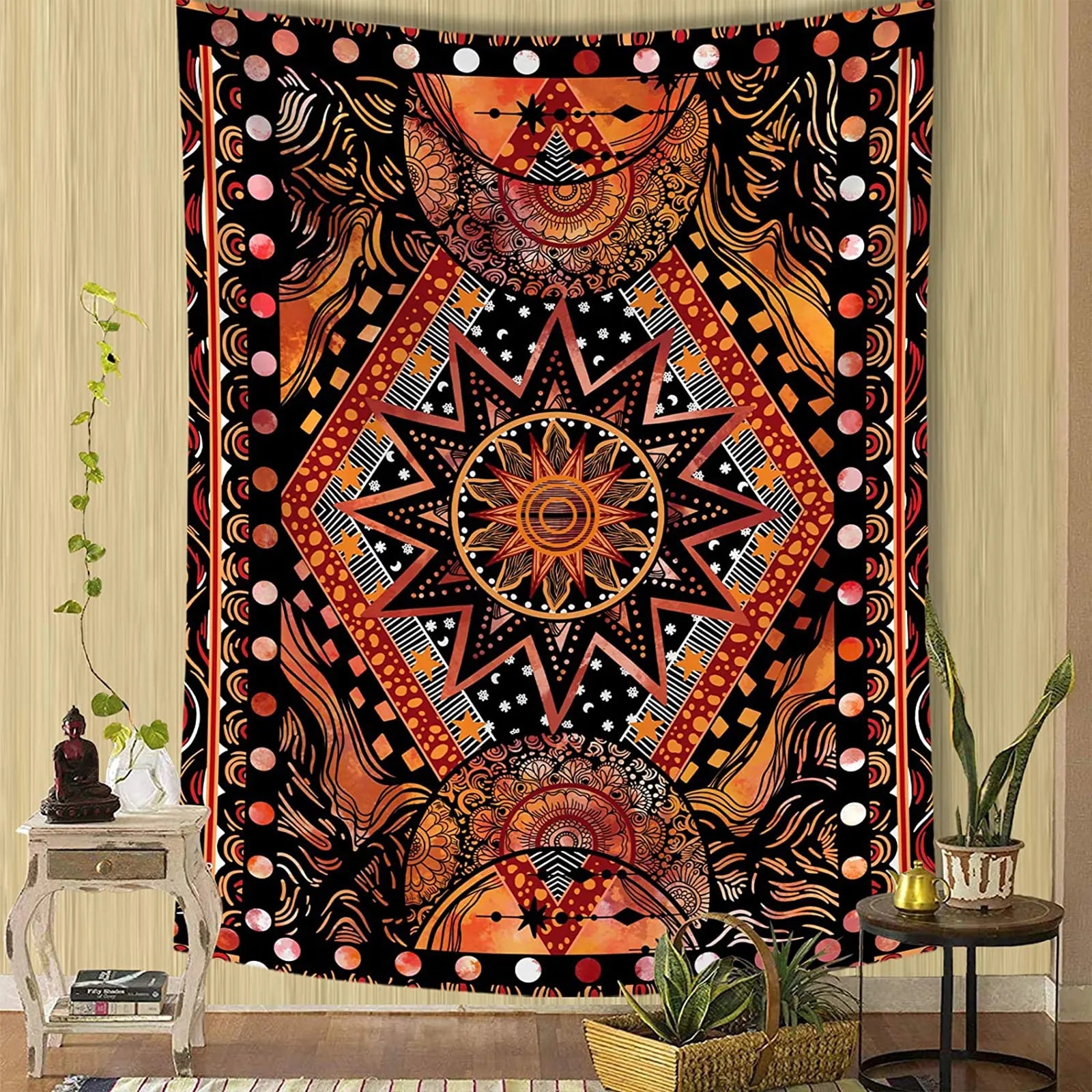 Orange Sun and Moon Tapestry Wall Hanging, Indie Hippie Mandala Cool Wall Tapestries, Aesthetic Tapestry for Bedroom Living Room Dorm