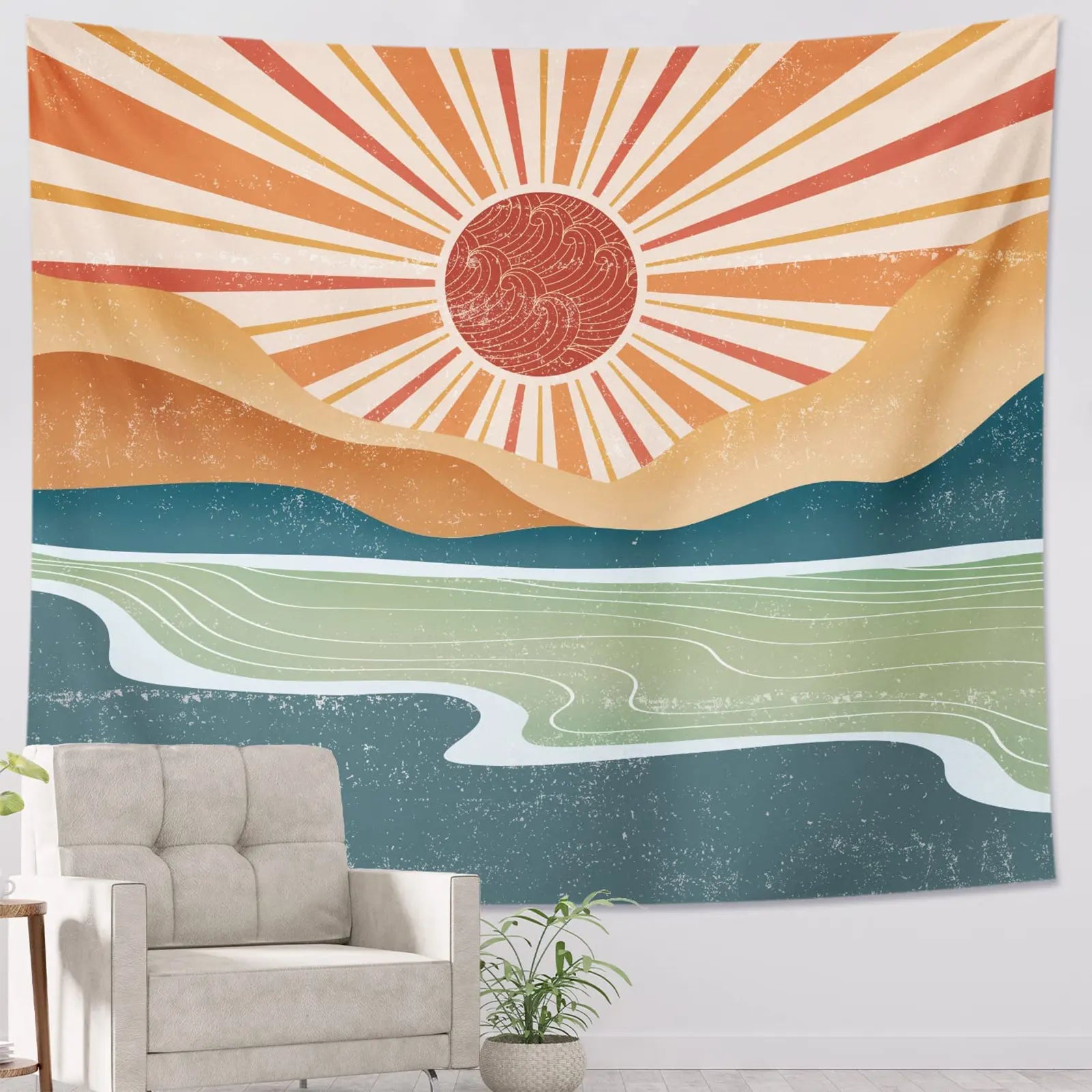 Bohemian Tapestry Sun Tapestry Mountain Tapestry Sunset Art Vintage Aesthetic Tapestry for Bedroom Living Room