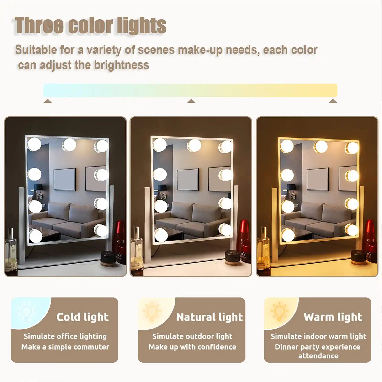 Vanity Mirror with Lights 3 Colored 360°Rotation Tabletop Metal