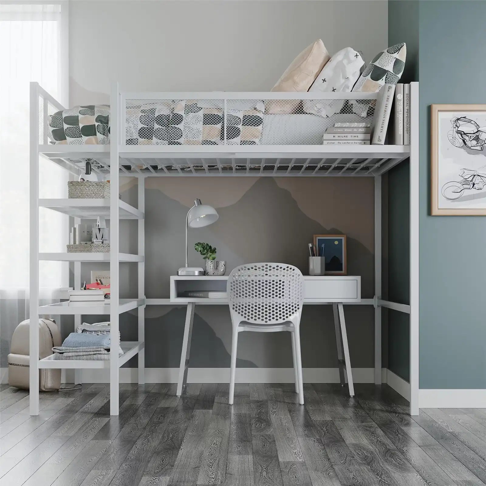 Metal Storage Loft Bed with Book Case