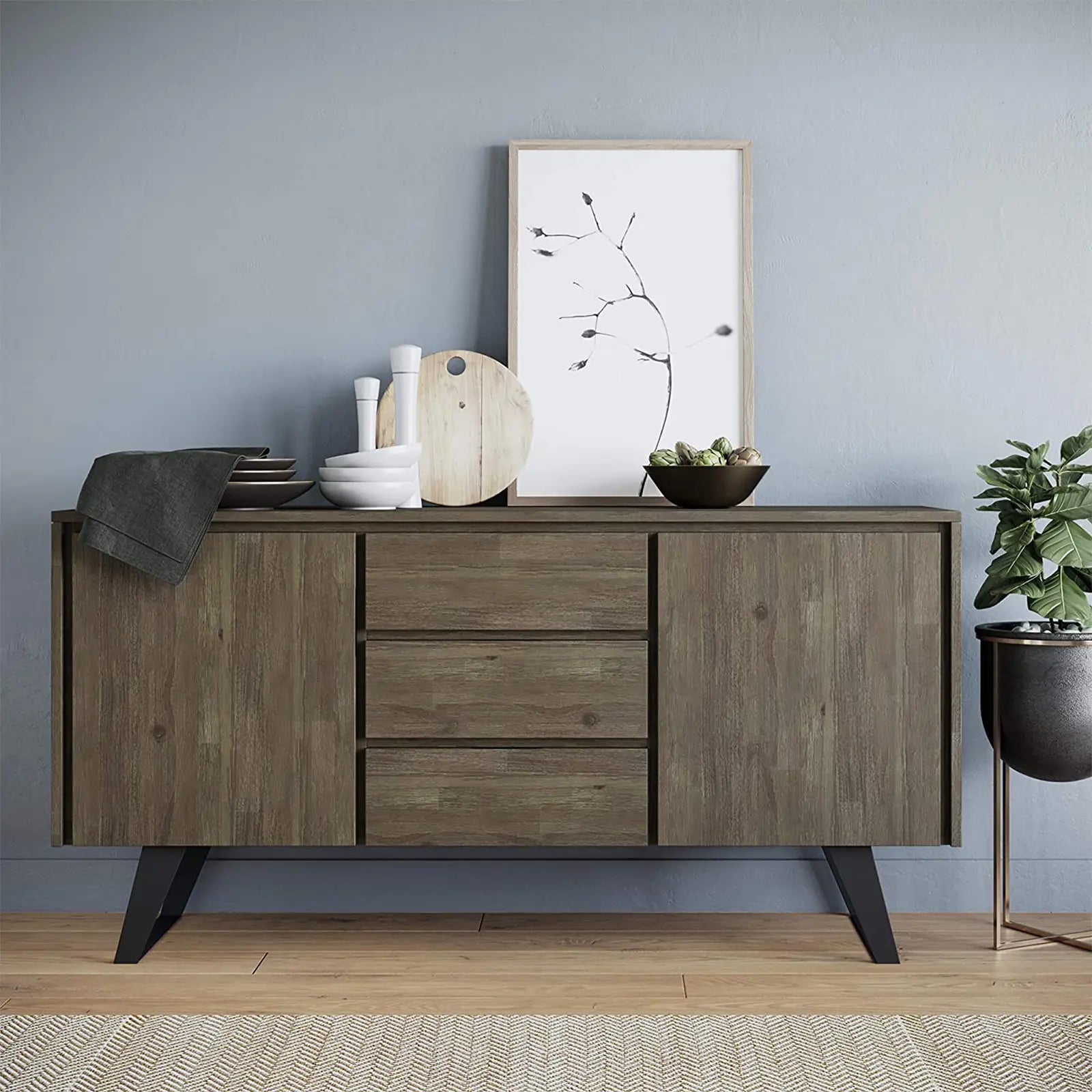 Solid Acacia Wood and Metal Sideboard Buffet with Storage Compartment