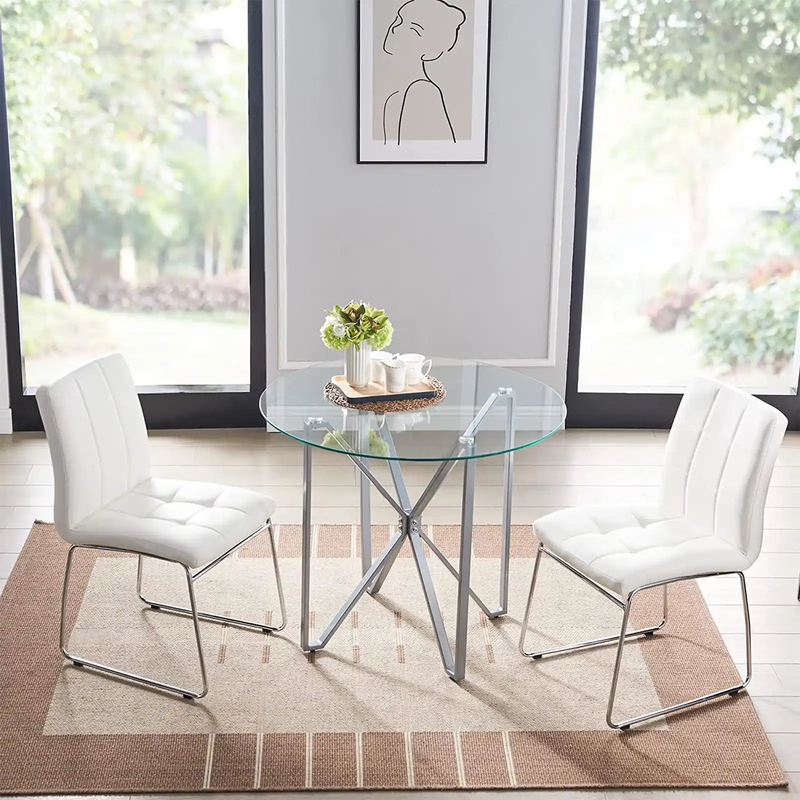 Modern Tempered Glass Kitchen Table with 2 Faux Leather Dining Chairs