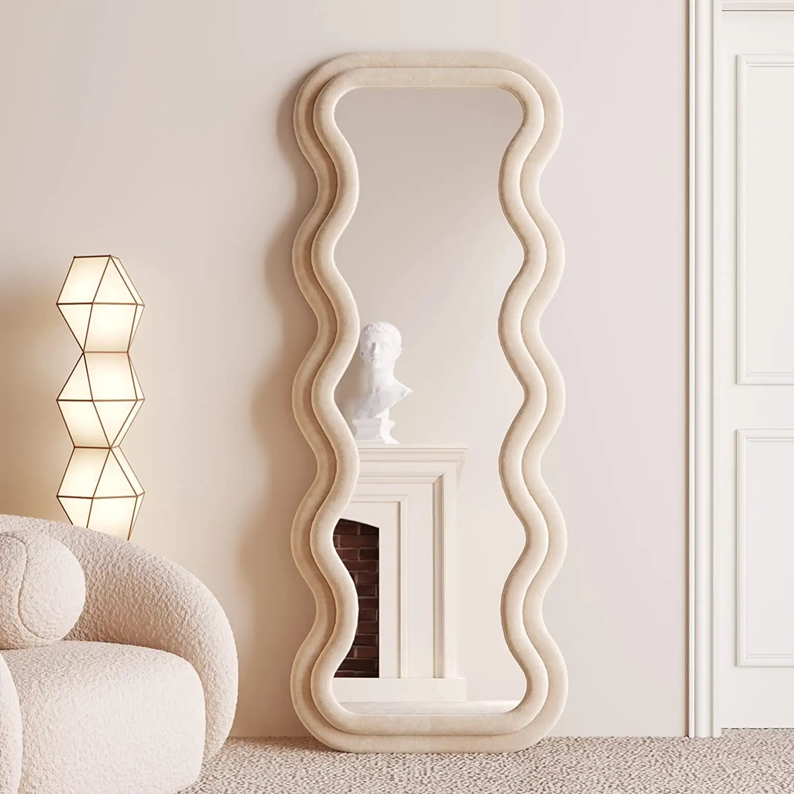 Full Length Mirror 63"x24", Irregular Wavy Mirror, Wave Arched Floor Mirror, Wall Mirror Standing Hanging or Leaning Against Wall for Bedroom, Flannel Wrapped Wooden Frame