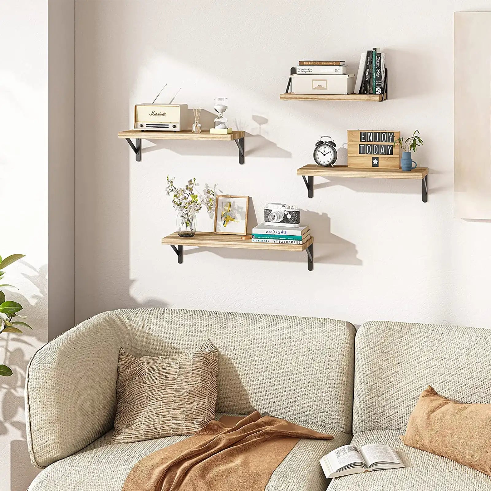Floating Shelves, Rustic Wood Shelves, 4 Sets of Wall Mounted Shelf for Bathroom Decor, Bedroom, Living Room and Plants