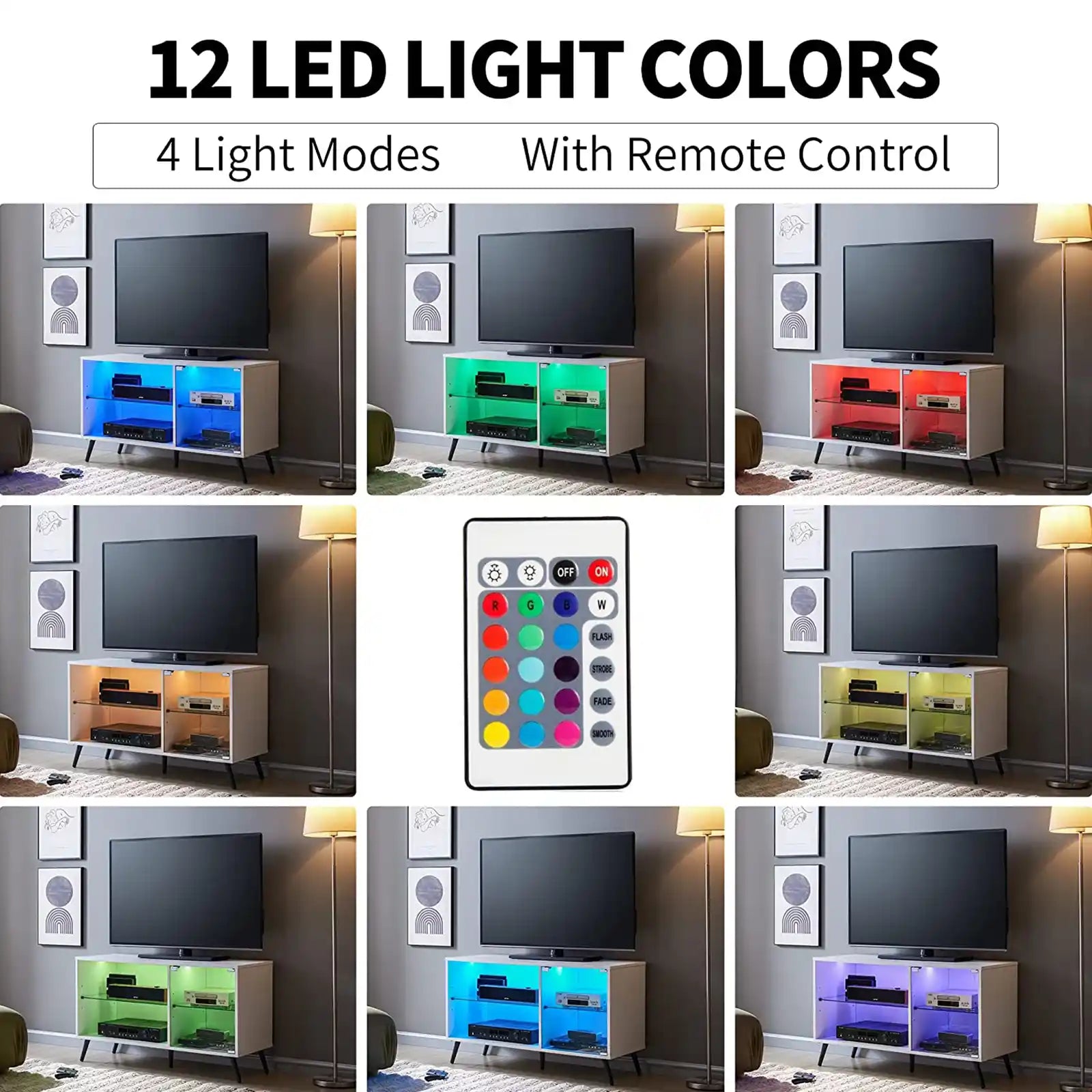 Soporte de TV moderno para TV de 75 pulgadas con luces LED, soportes de televisión para consola multimedia de centro de entretenimiento para juegos