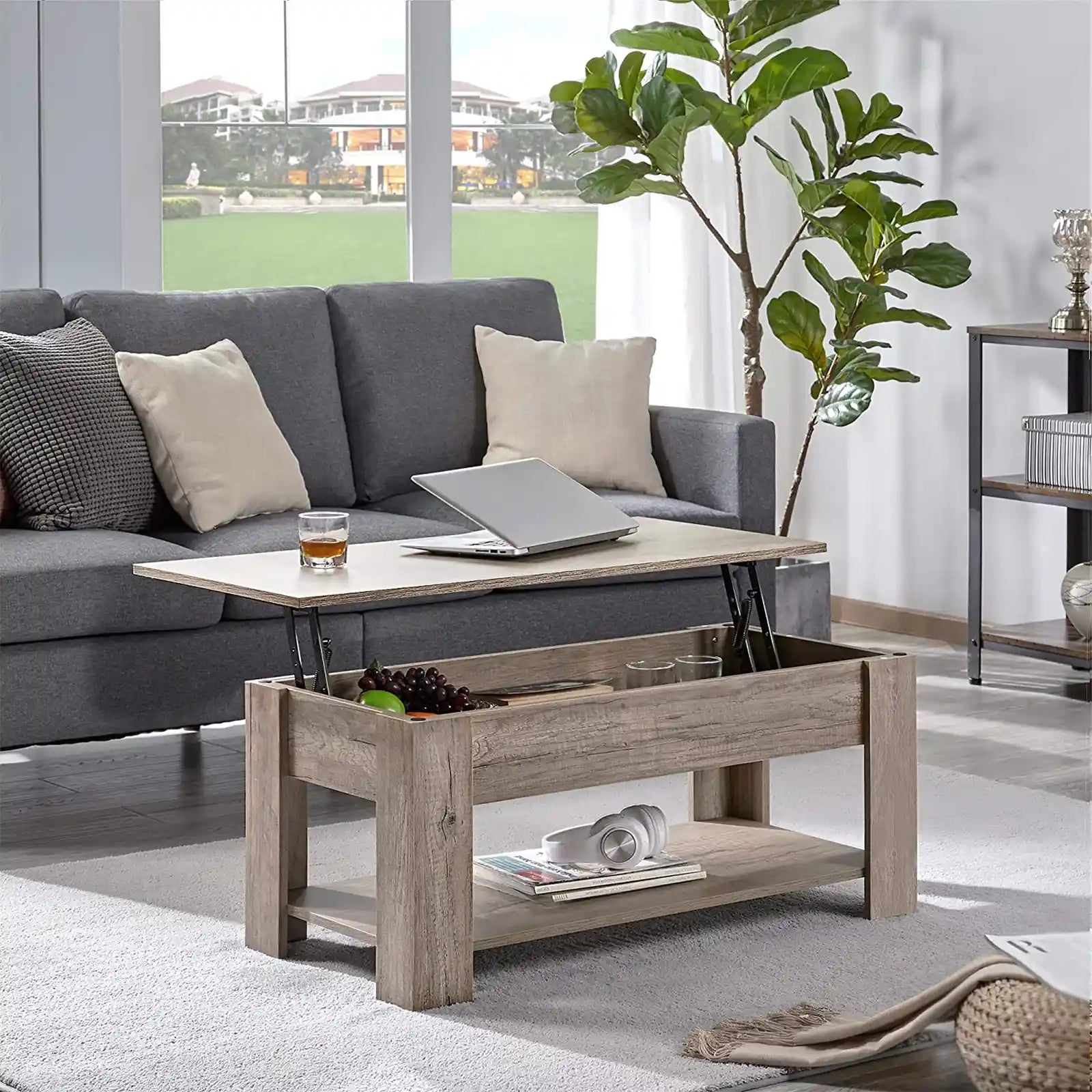 Lift Top Coffee Table with Hidden Compartment and Storage Shelf