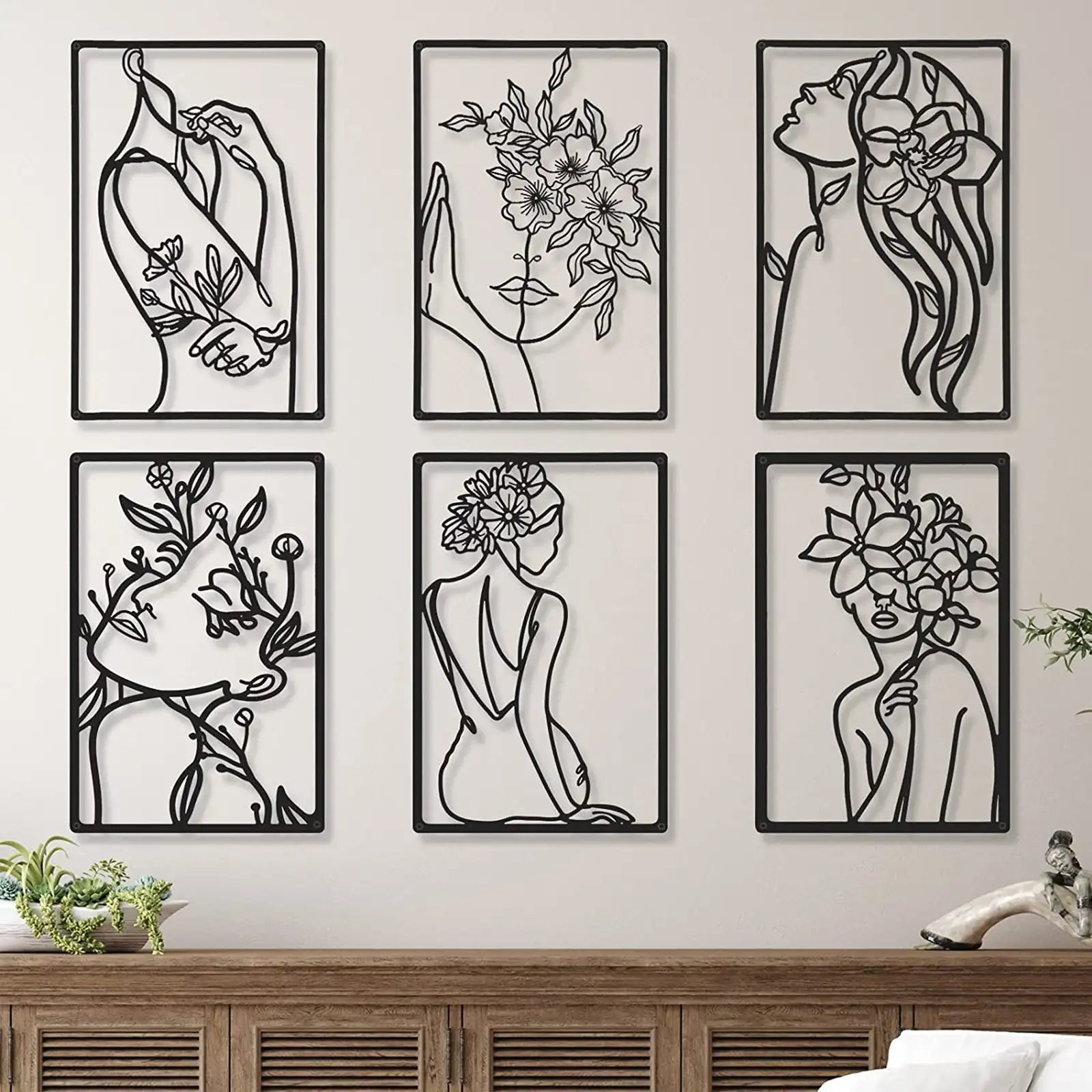 6 piezas de metal negro decoración de pared moderno minimalista abstracto mujer arte de pared estético femenino escultura de pared dibujo lineal arte colgante decoración minimalista para cocina, dormitorio, baño, sala de estar decoración de pared 