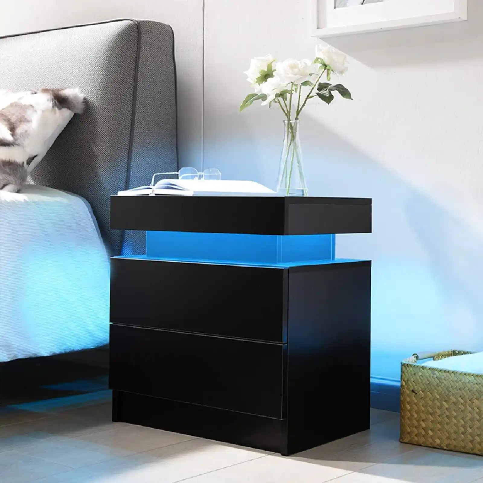 Mesita de noche con 2 cajones, mesita de noche LED, mueble de madera con luces LED 