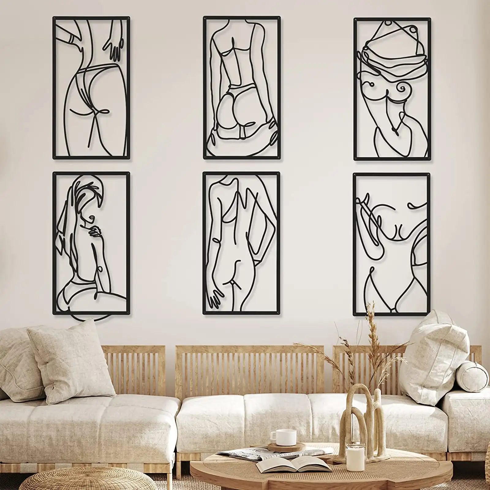 6 piezas moderna minimalista decoración de pared mujer abstracta arte de la pared dibujo de una sola línea moderna decoración del hogar línea de metal decoración de la pared mujeres forma del cuerpo esculturas de pared para dormitorio baño sala de estar 