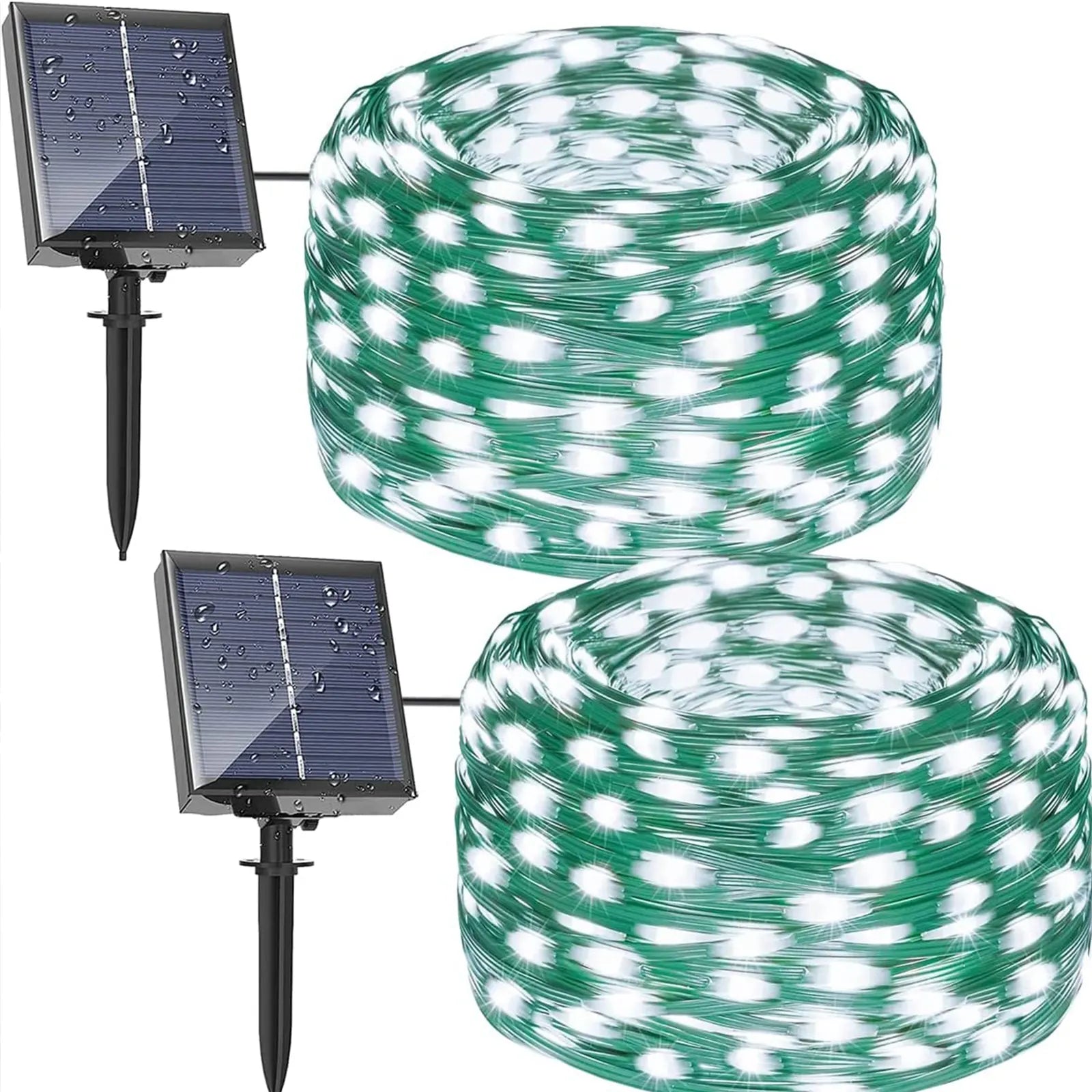 Paquete de 2 luces solares para exteriores, 200 LED/75 pies IP67 impermeables 8 modos de iluminación 