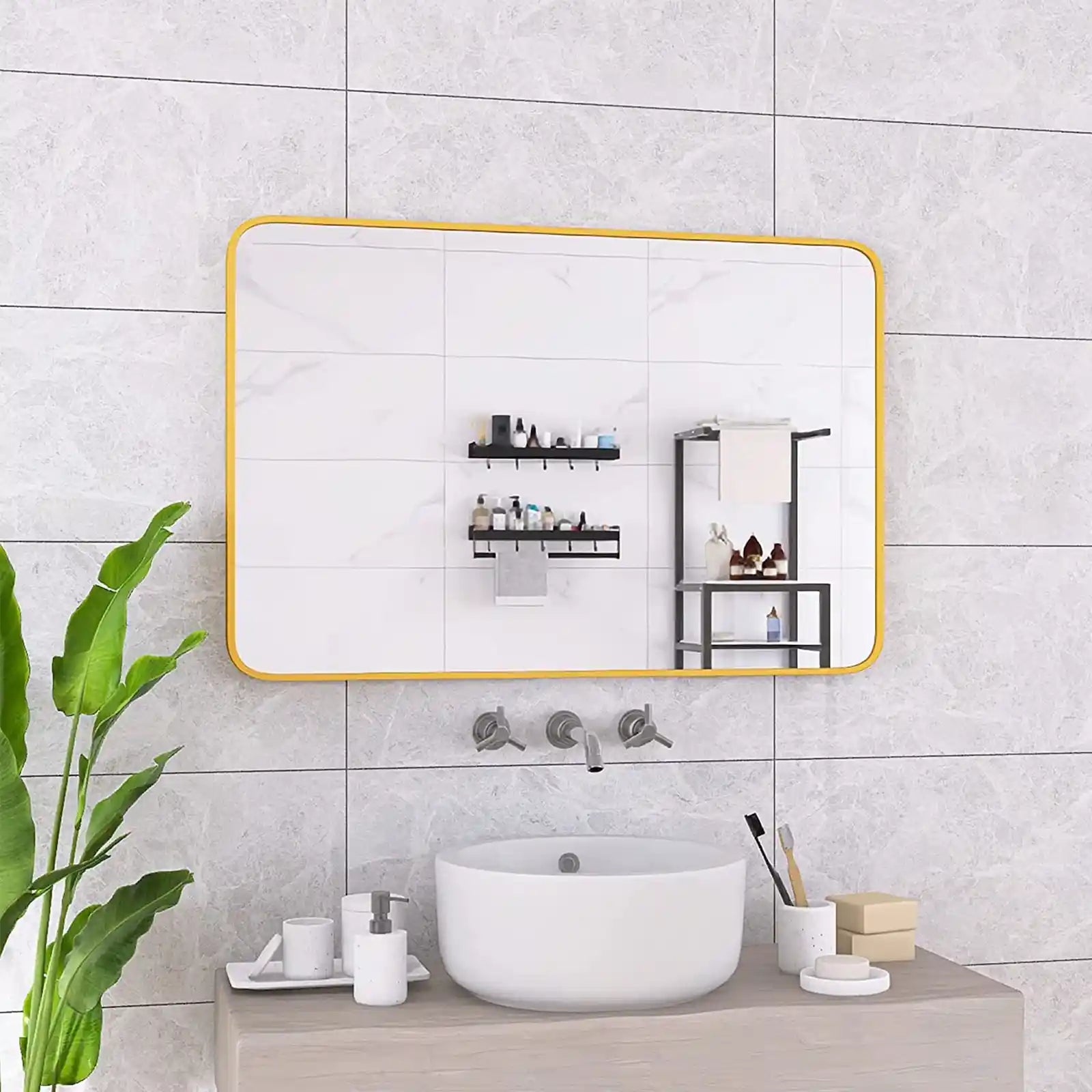 Espejo de baño de borde redondo, espejo de baño rectangular de 20.0 x 30.0 in para pared, espejo de tocador de baño montado en la pared negro para sala de estar, dormitorio, entrada 