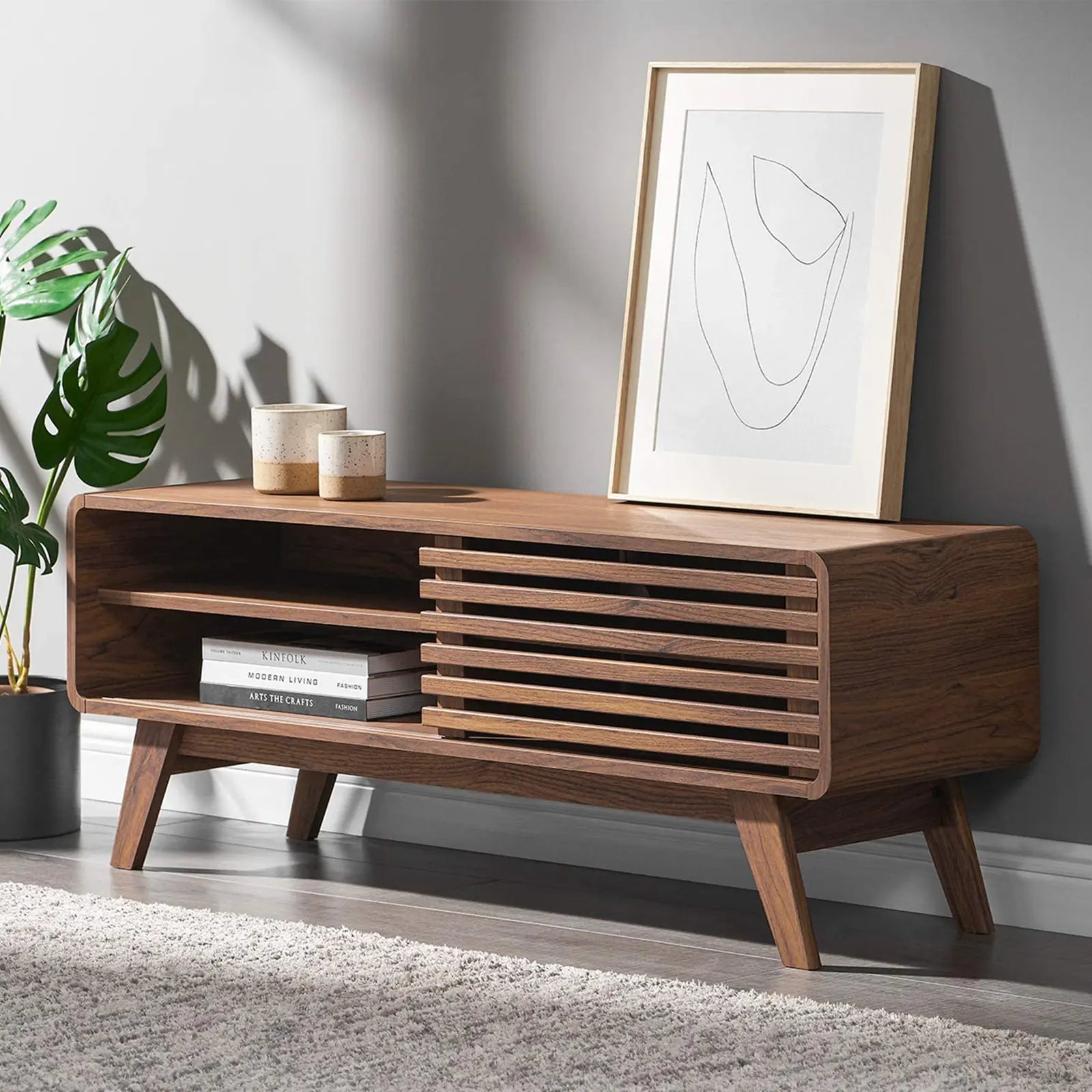 Mid-Century Modern Tv Stand for 46 inch  and 59 inch TV , Low Profile with Sleek Rounded Finishing