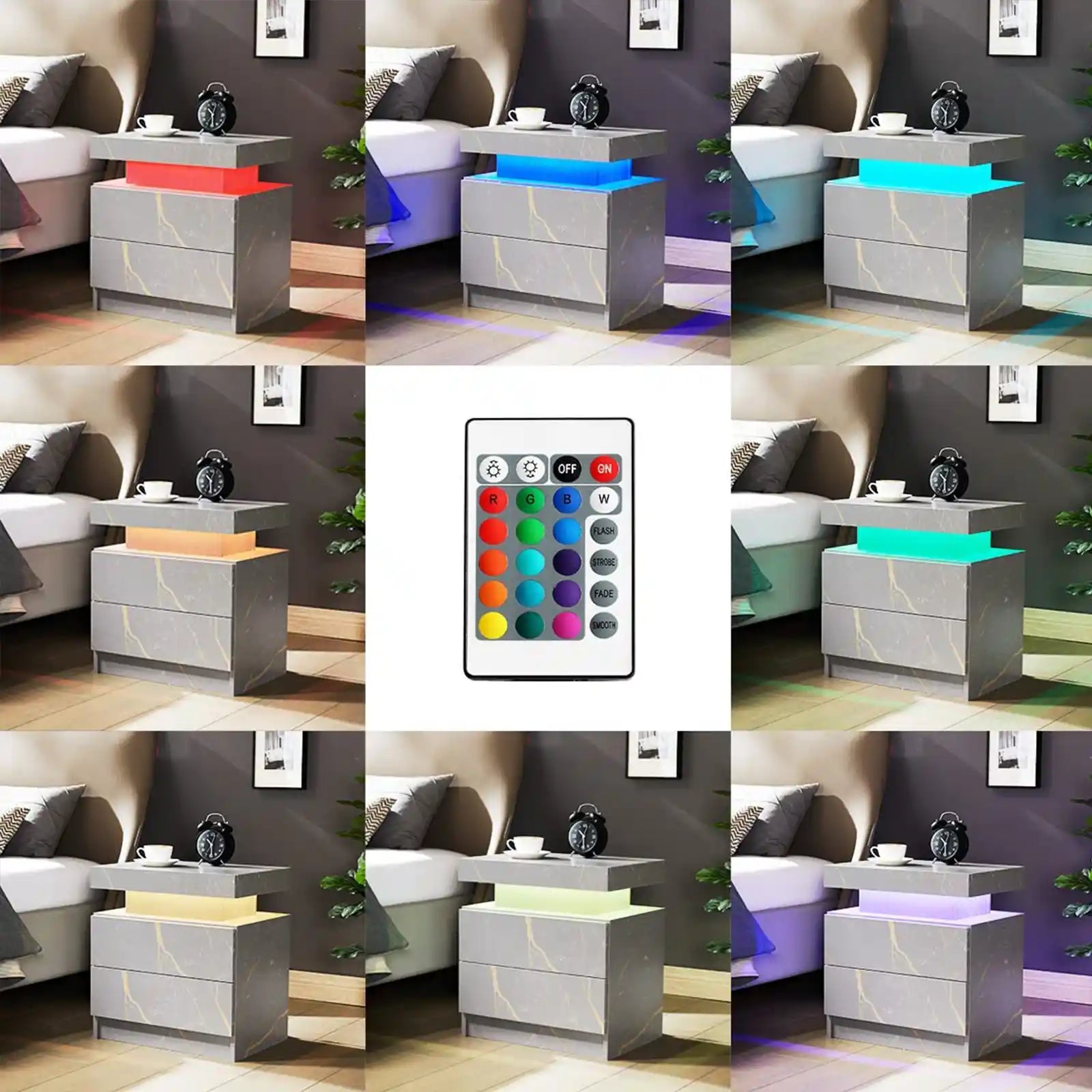 Mesita de noche con 2 cajones, mesita de noche LED, mueble de madera con luces LED 