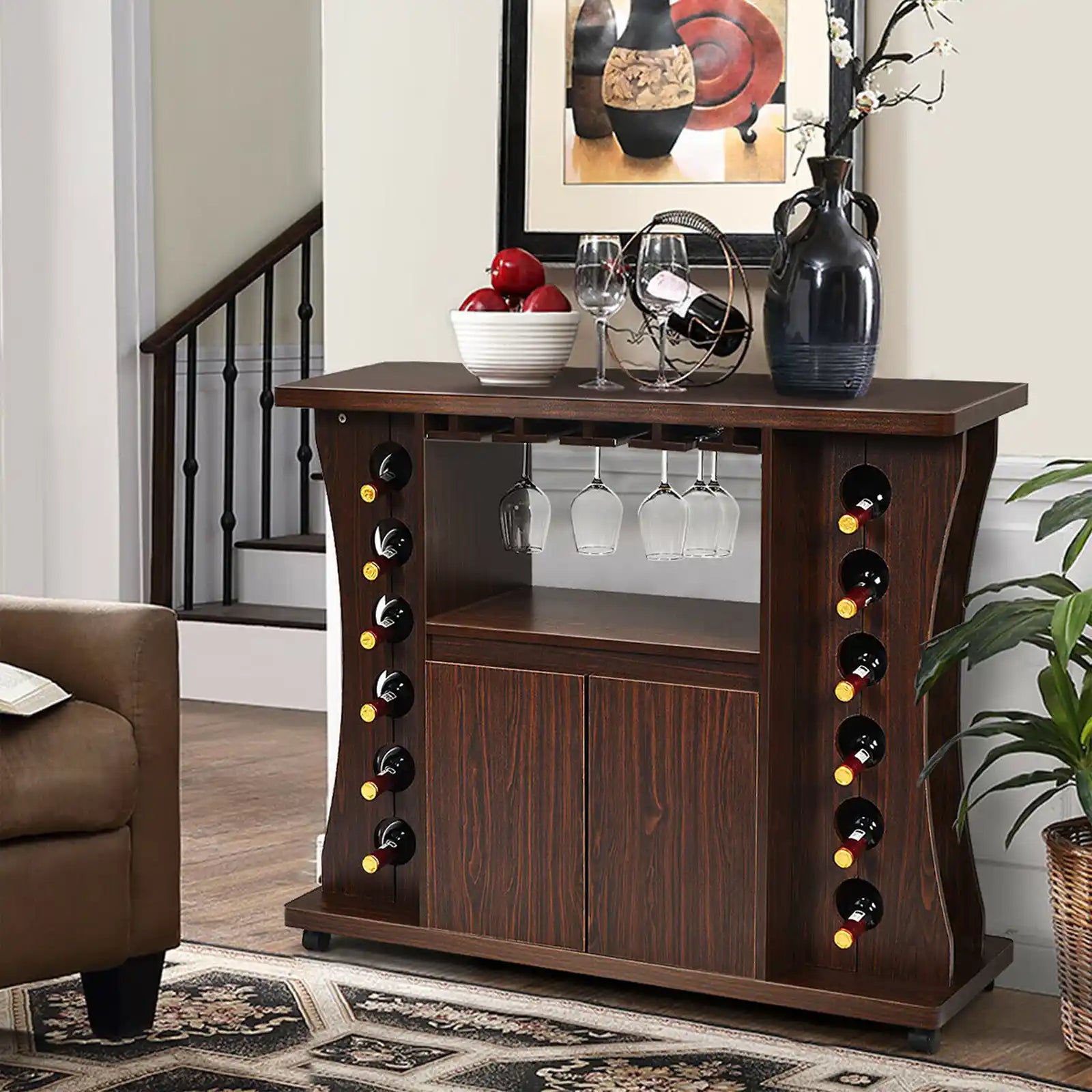 Rolling Buffet Sideboard, Wooden Bar Storage Cabinet