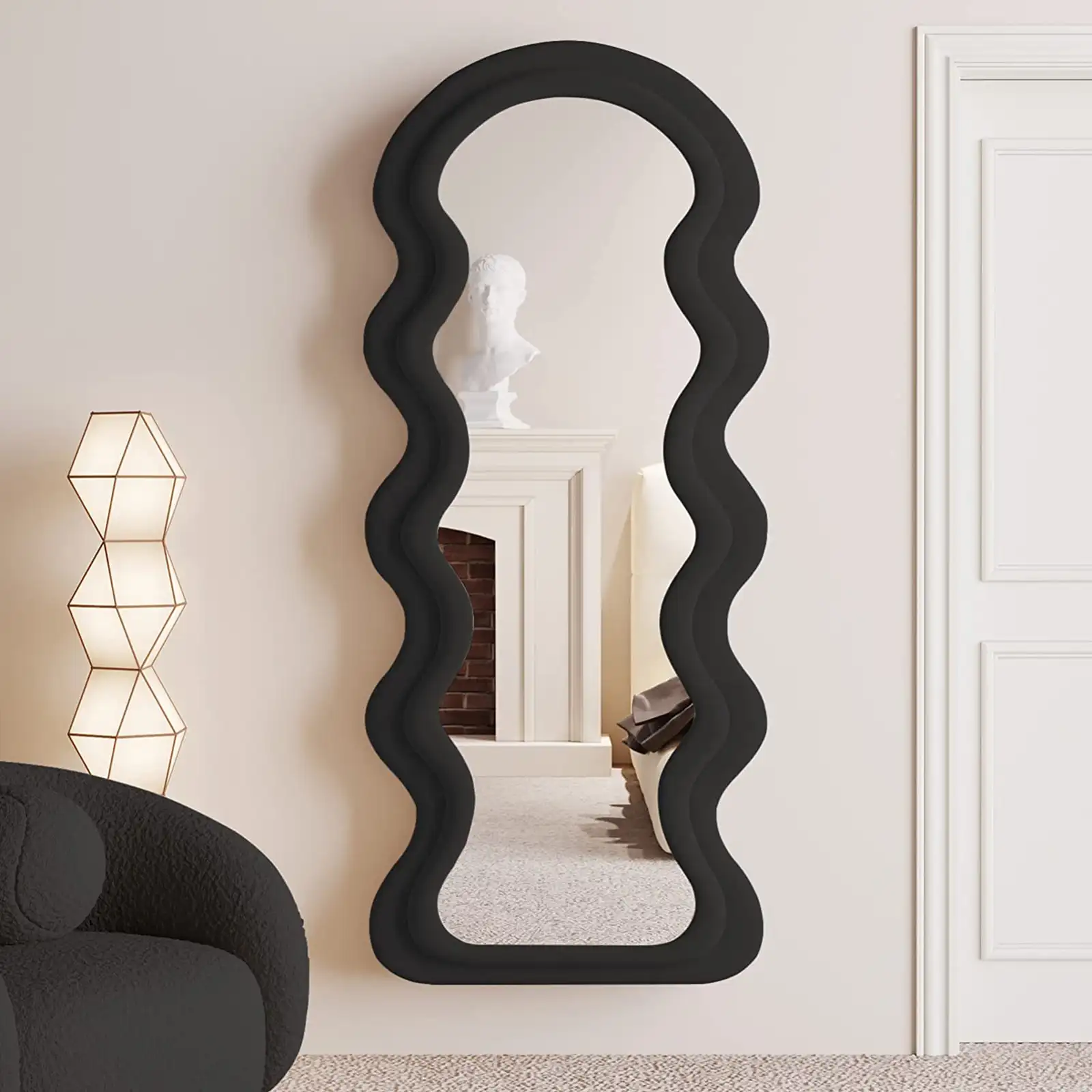 Full Length Mirror 63"x24", Irregular Wavy Mirror, Wave Arched Floor Mirror, Wall Mirror Standing Hanging or Leaning Against Wall for Bedroom, Flannel Wrapped Wooden Frame