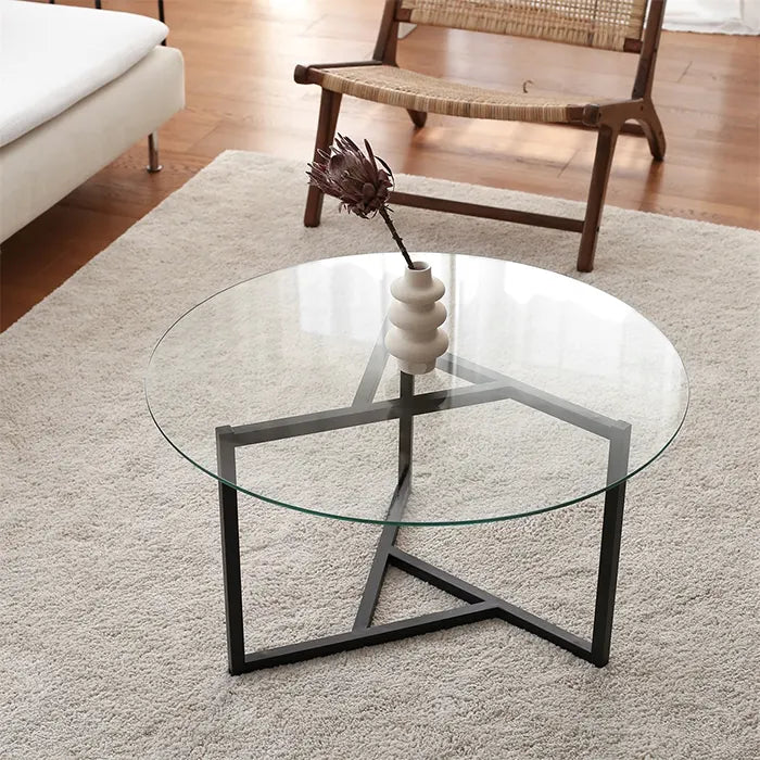 Round Glass Coffee Table with Black Metal Legs , Modern and Unique Center Table for Living Room , Large Smoked Glass Top with Low Steel Base