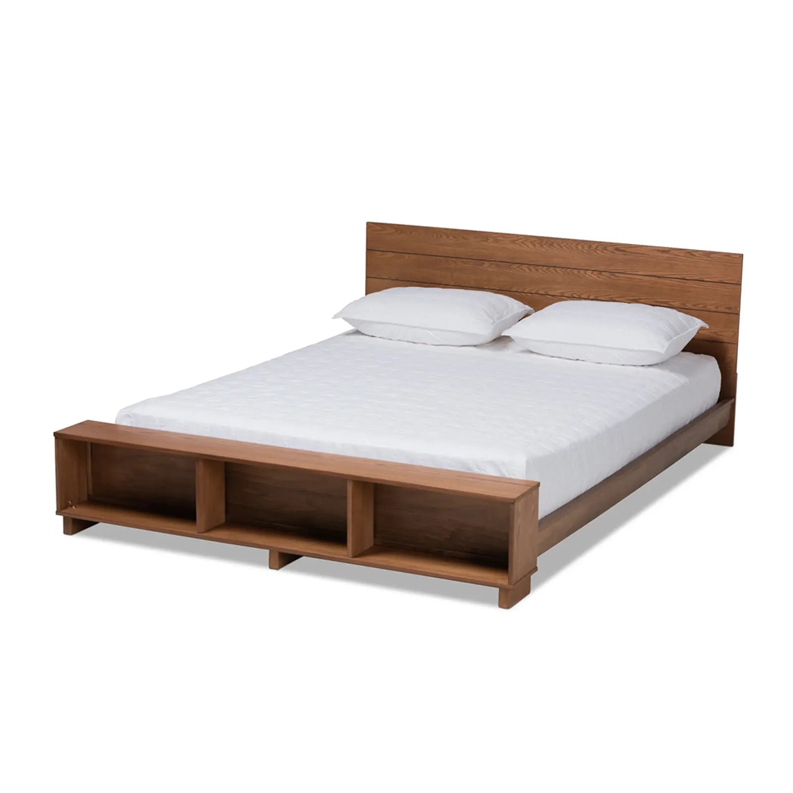 Walnut Brown Finished Wood Platform Storage Bed with Built-In Shelves