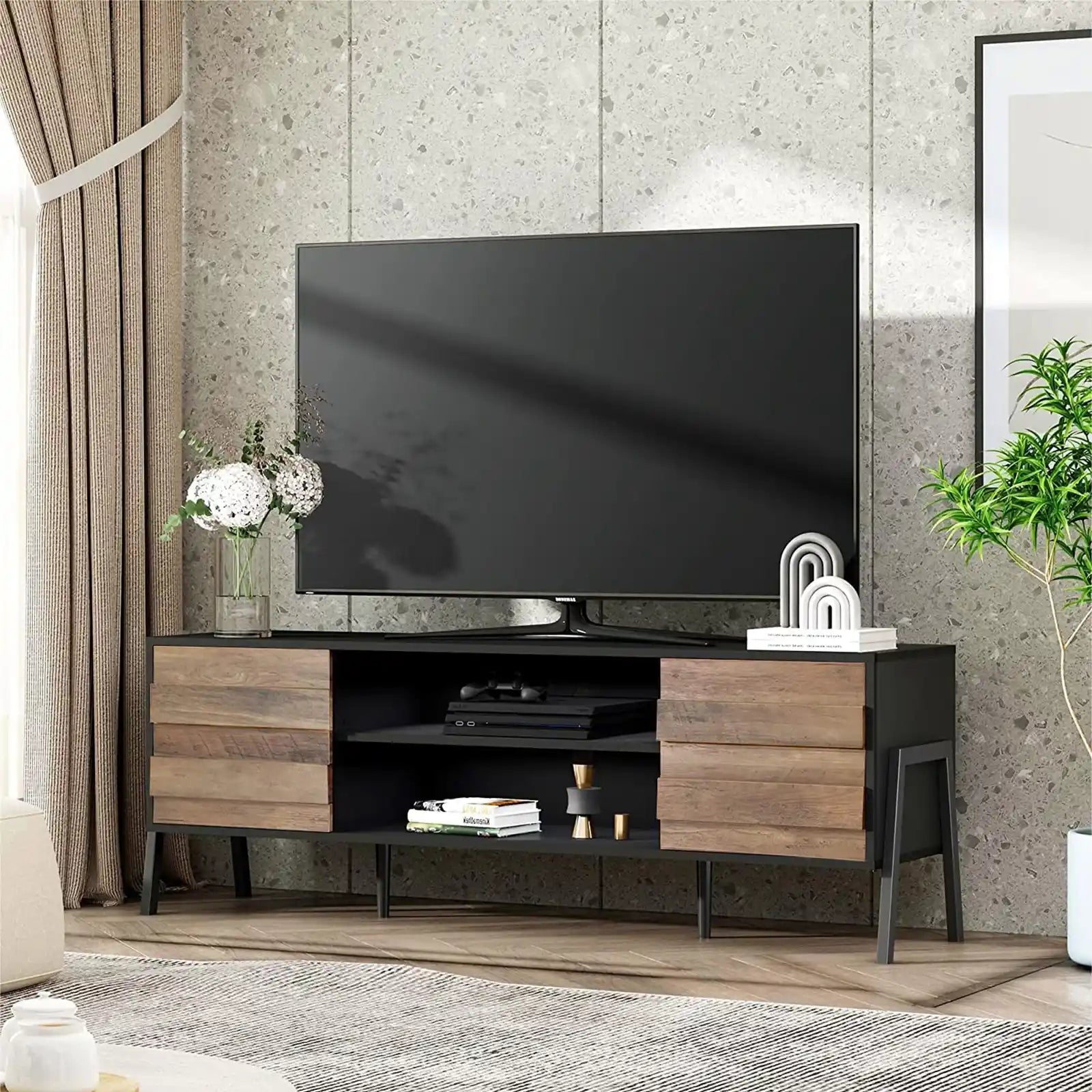 Soporte de TV moderno para televisores de hasta 75 pulgadas, consola de TV de madera con pantalla plana, mueble multimedia con almacenamiento