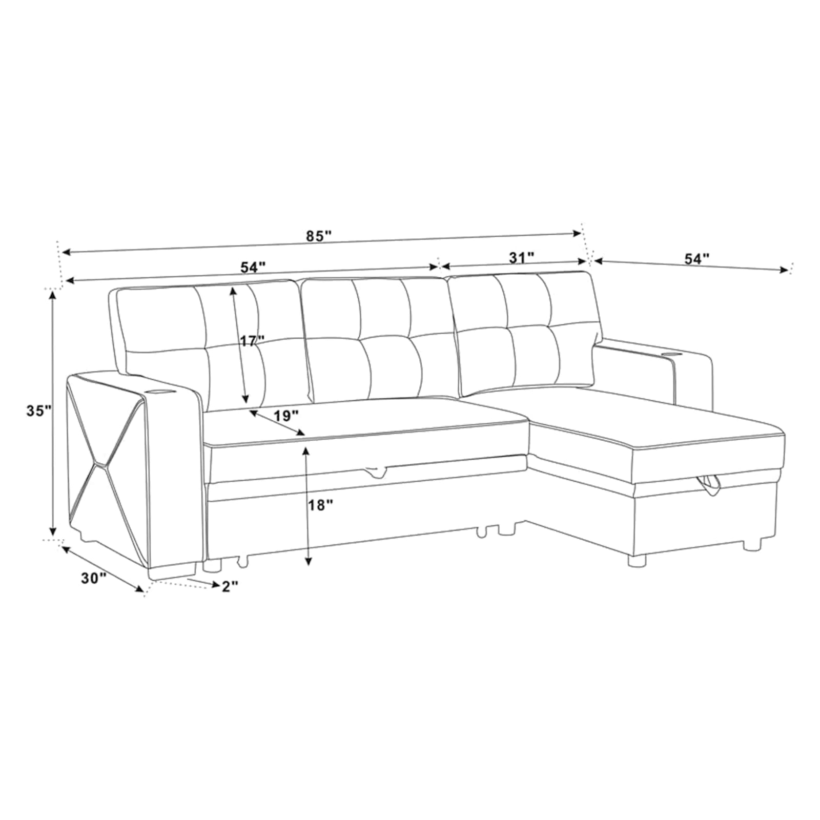 Sofá cama seccional convertible de tela tapizada con portavasos 