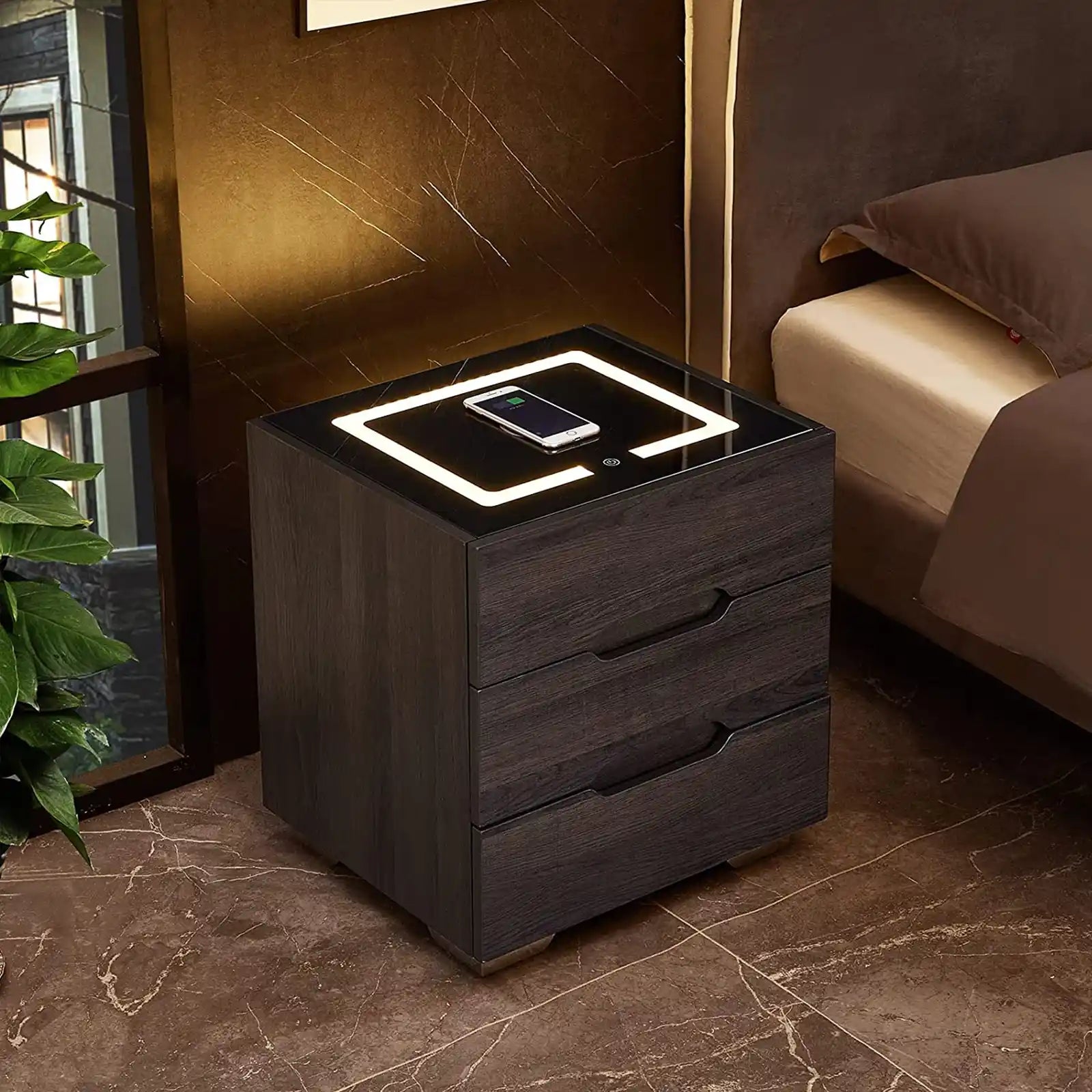 Nightstands Wireless Charging Station and LED Lights, Modern End Side