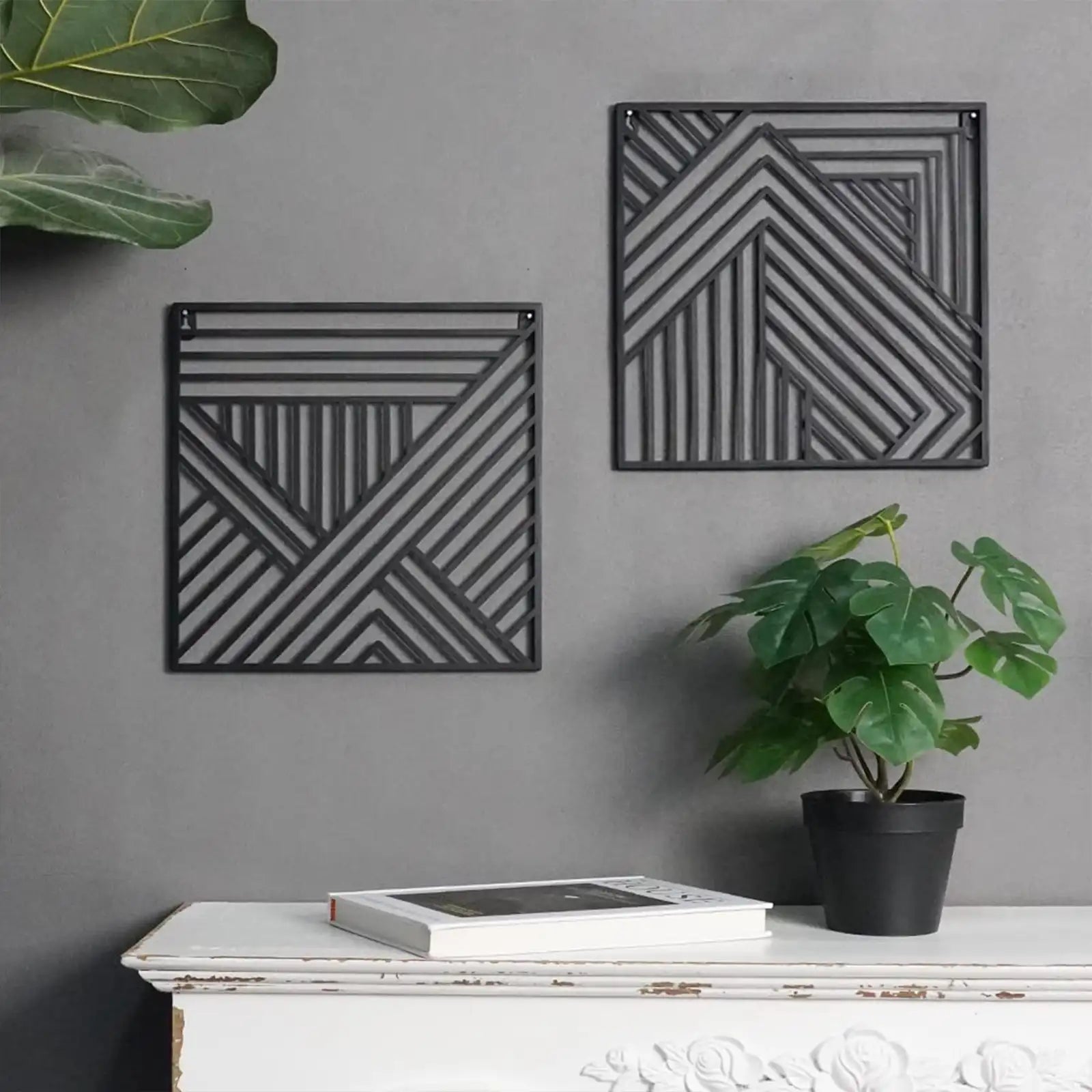 Black Geometric Line Metal Wall Art Set of 2, Minimalist Square Hanging Decoration, Modern Hanging Wall Sculpture over bed, 11.8x11.8 Inches