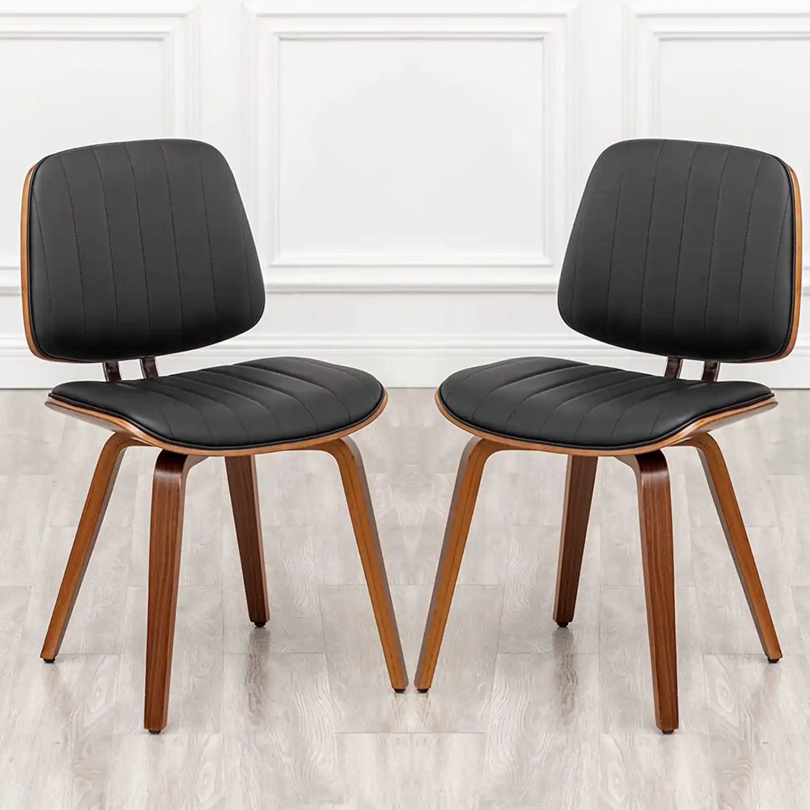 Modern Dining Chair Set of 2  , Faux Leather  with Walnut Bentwood